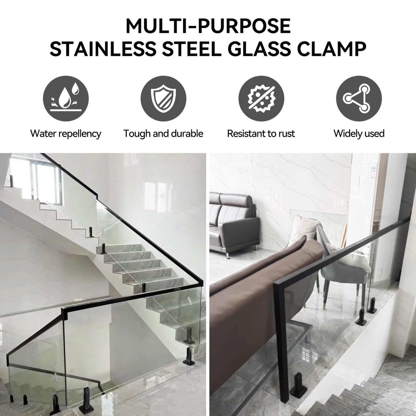 SyingHwan T316 Stainless Steel Glass Railing Clamp,Heavy Duty Glass Railing Spigot,Railing Post Clamp (4, Black)