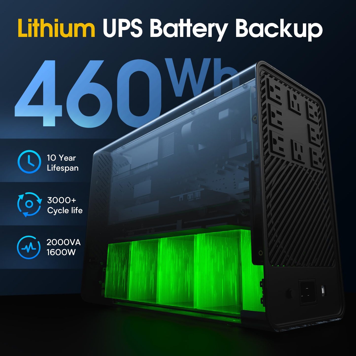 GOLDENMATE 2000VA/1600W Lithium UPS Battery Backup and Surge Protector, Backup Battery Power Supply with LiFePO4 Batteries(460Wh), AVR, Line Interactive Sinewave UPS System, 8 Ports, LCD Screen, Gray