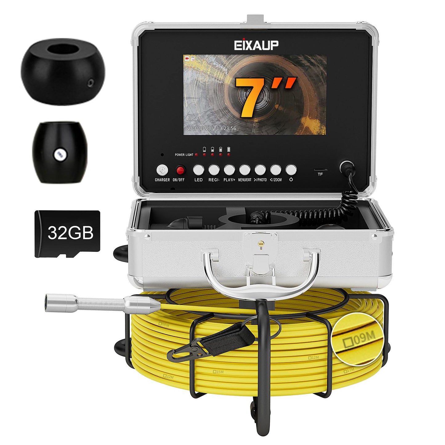 EIXAUP Sewer Camera 100 ft, 17 MM Pipe Inspection Camera with 8 Pcs LED Lights, 7" 1080P HD Monitor with DVR Function, IP68 Waterproof, Meter Marker, Included 32GB Card(30 m)
