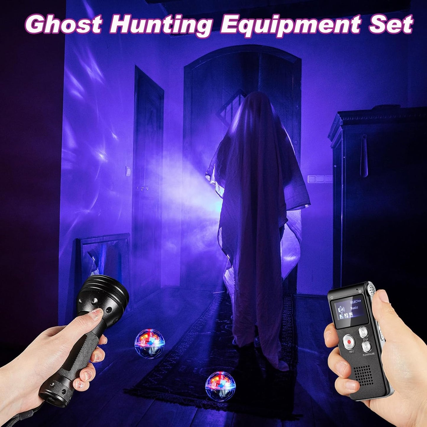 Dunzy 4 1 8 1 2 Pcs Ghost Hunting Equipment Kit Include EVP Voice Recorder Gb UV Flashlight LED Light up Cat Balls