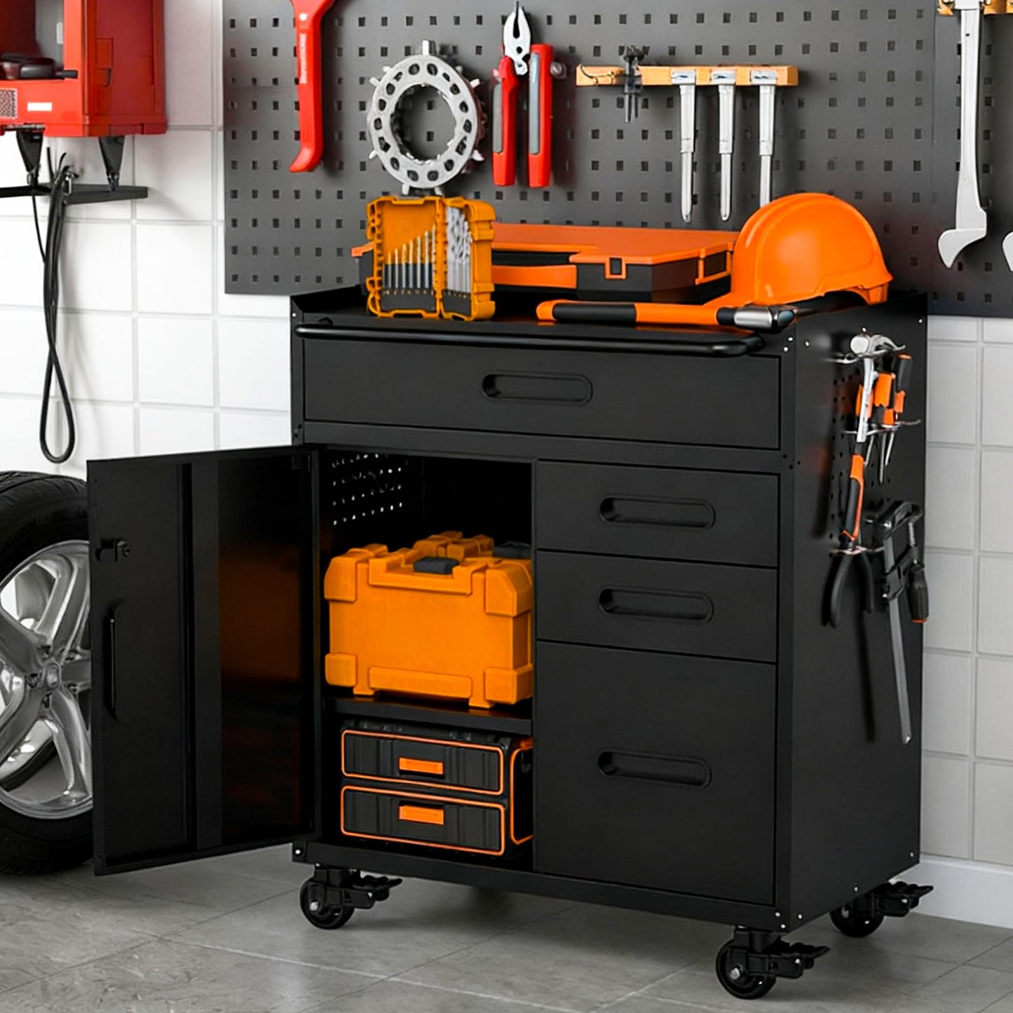 VIYET Garage Storage Cabinet,Metal Rolling Tool Cabinet with 2 Pegboard and 10 Hook,Heavy Duty Mechanics Tool Chest Storage for Workshop, Basement,Warehouse,Include Workbench Liner,Black