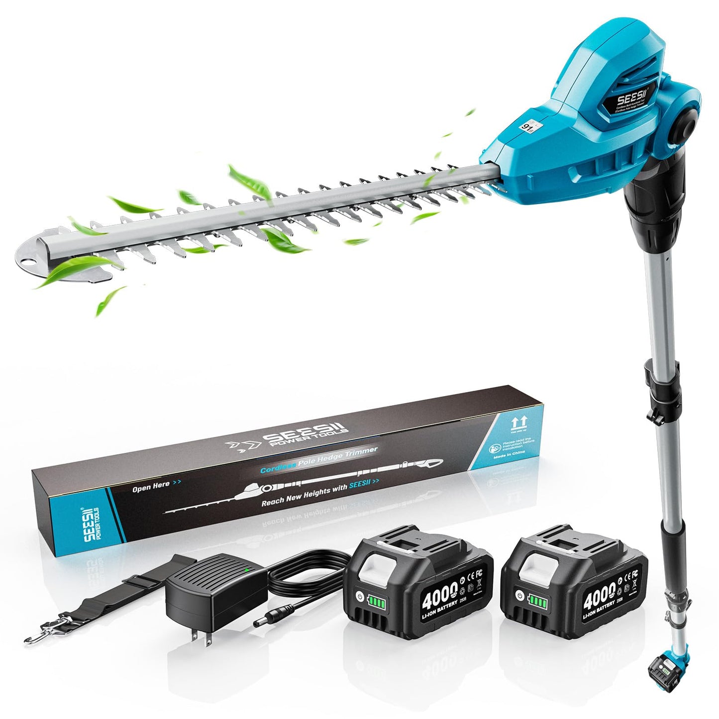 SEESII 20V Pole Hedge Trimmer Cordless, Electric Hedge Trimmer with Extension Pole, 8.5 FT Telescopic Pole with Shoulder Strap, 2 Packs 4.0Ah Batteries & Charger, Long Reach Bush Shrub Trimmer