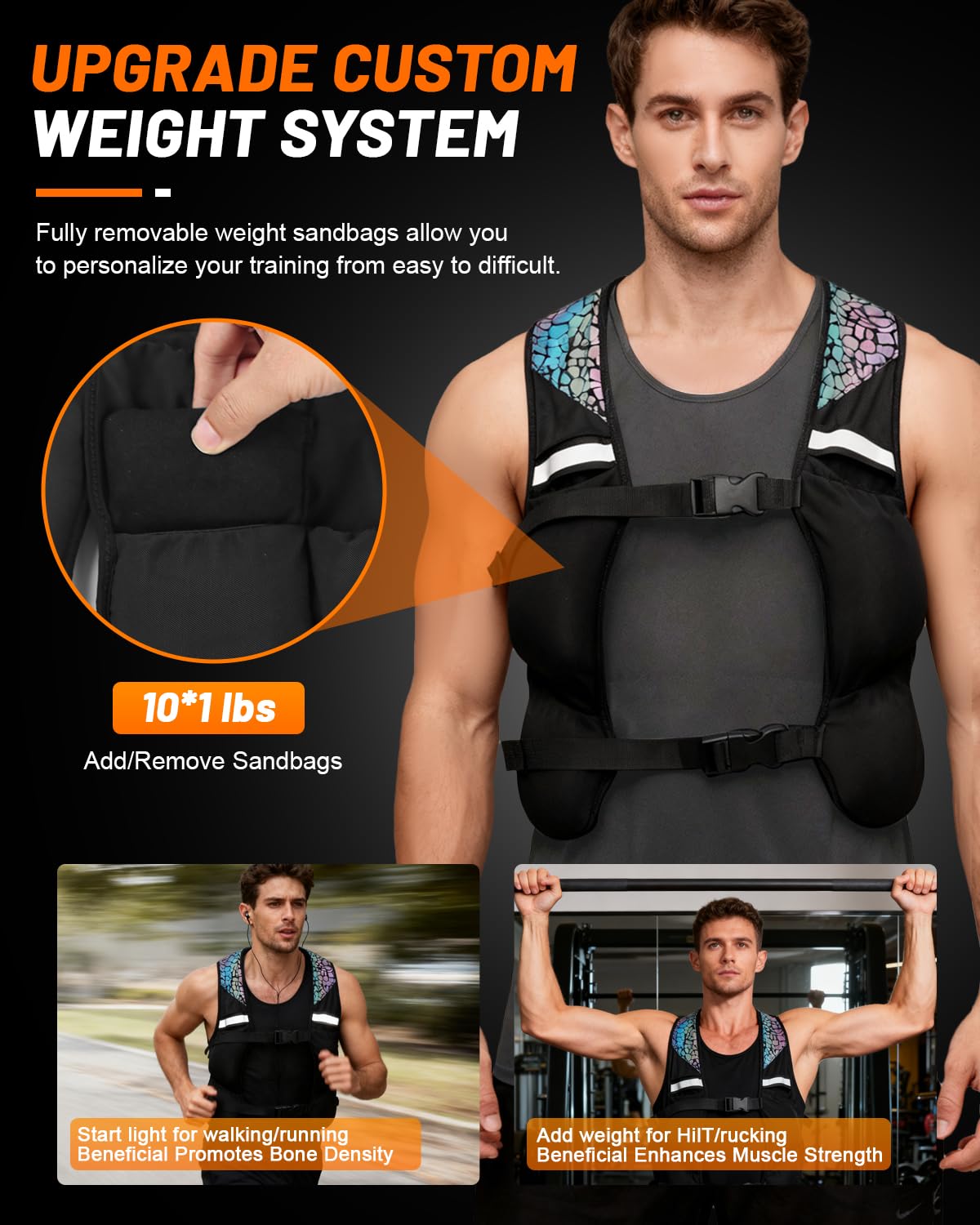 Weighted Vest for Woman Men, 0-10lbs Adjustable Running Vest with 10 Removable Weights, Weight Training Vest for Weight Loss, Colorful Reflective Straps & Phone Pockets, Machine Washable