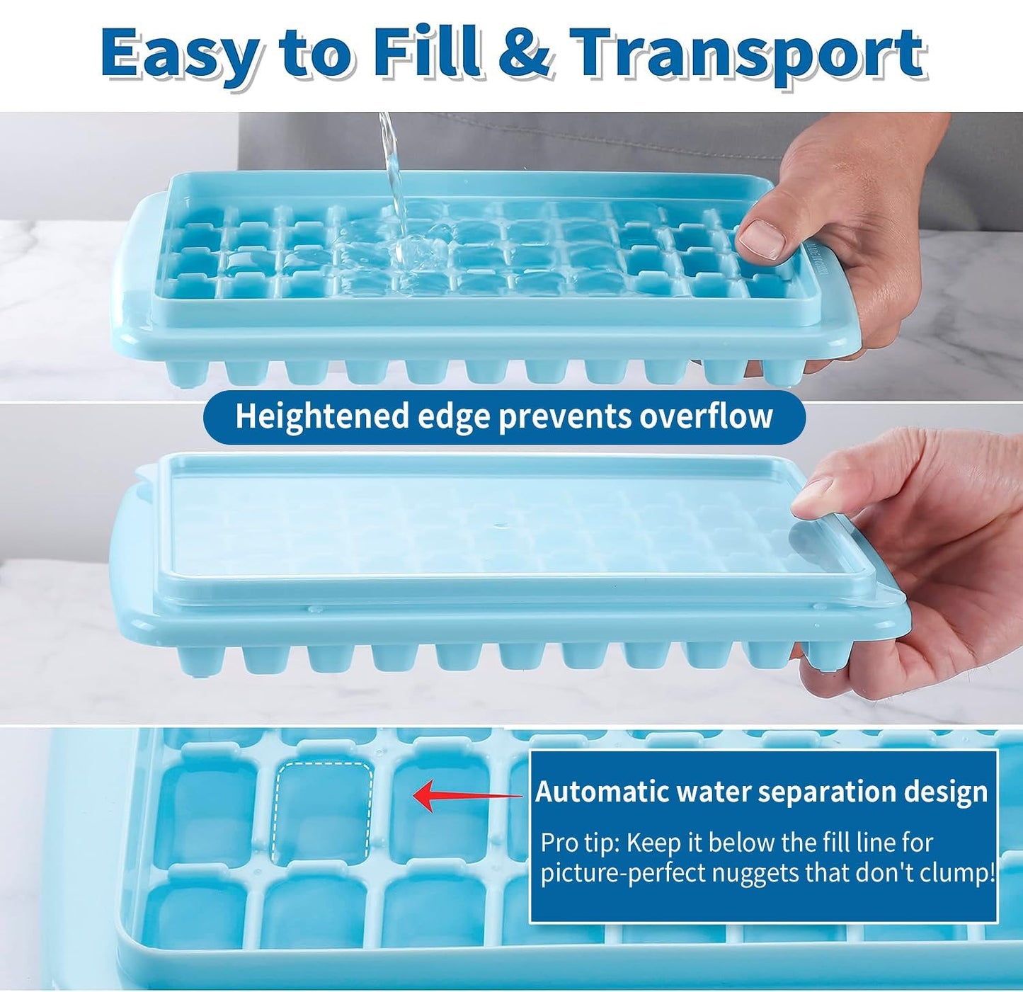 ARTLEO 2Pack Ice Cube Tray with Lid and Bin for Freezer, Easy Release 55 Mini Ice Cube Tray with Cover, Storage Container, Scoop, Flexible Durable Plastic Nugget Ice Cube Mold & Bucket, BPA Free