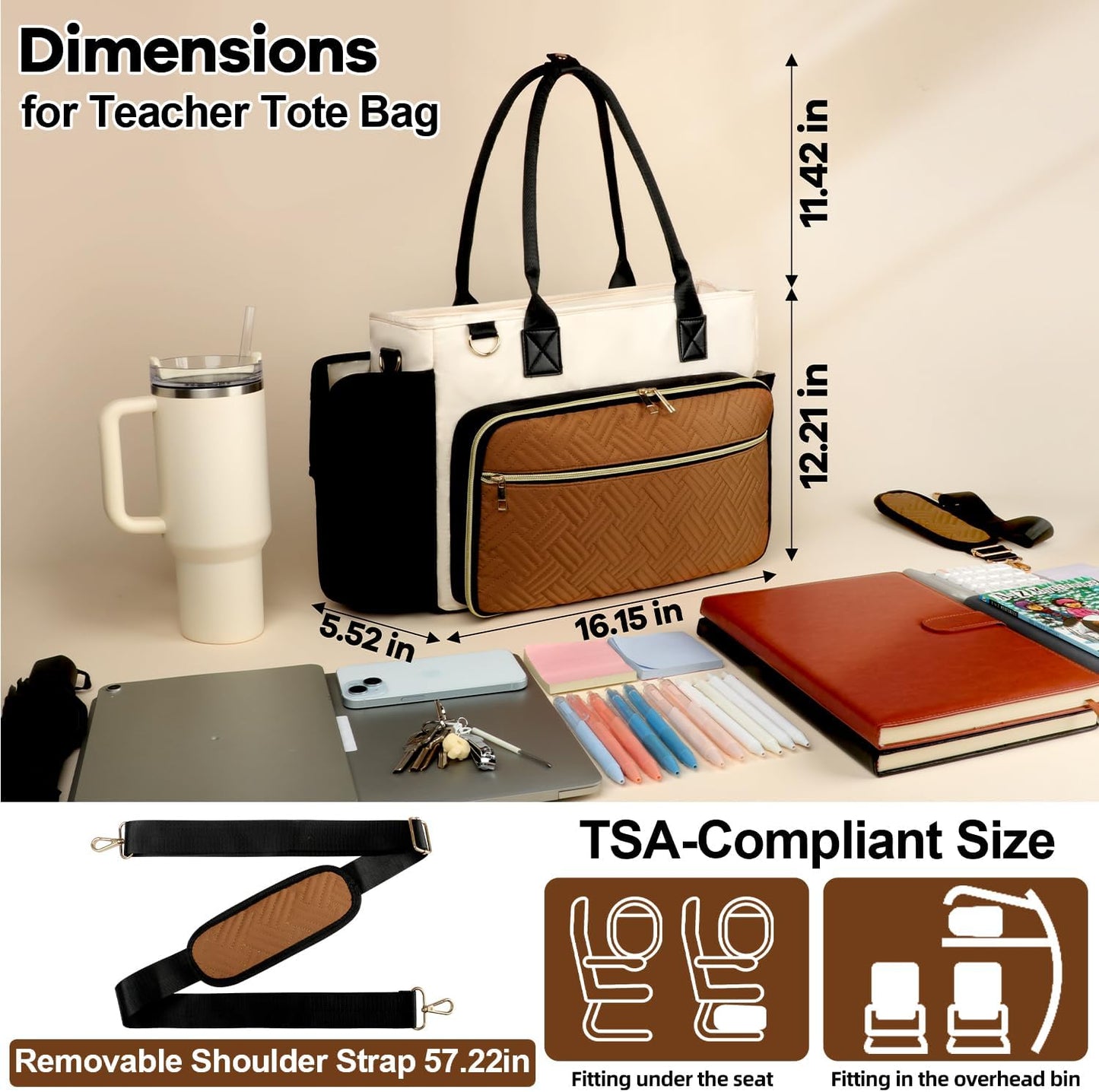 15.6 Inch Teacher Tote Bag for Women with Large Cup Holder& Laptop Compartment, Utility Work Tote Bag with Internal