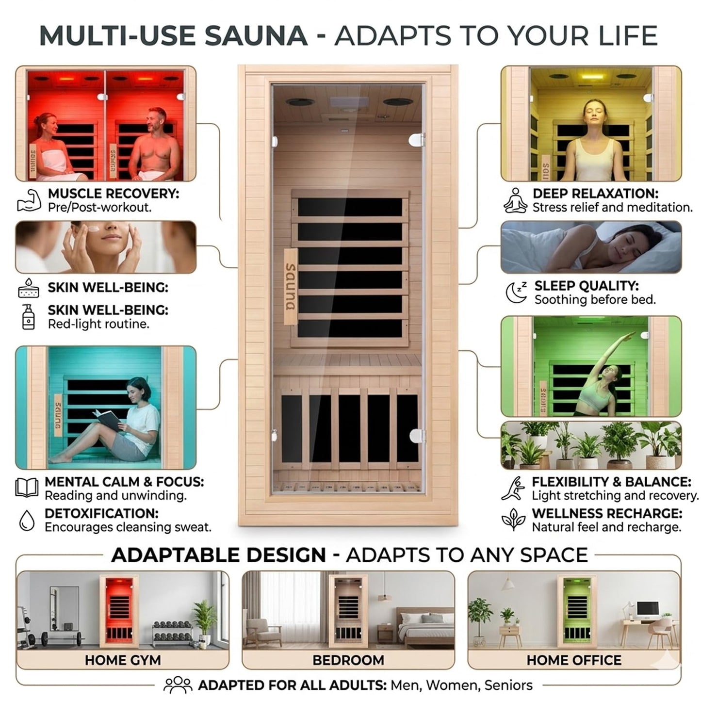 7-Color Wellness Light Infrared Sauna–1300W 110V 1-Person Indoor Wood Sauna in w/Carbon Crystal Heaters, Post-Workout Recovery & Spa Relaxation, Home Use Gift for Men & Women