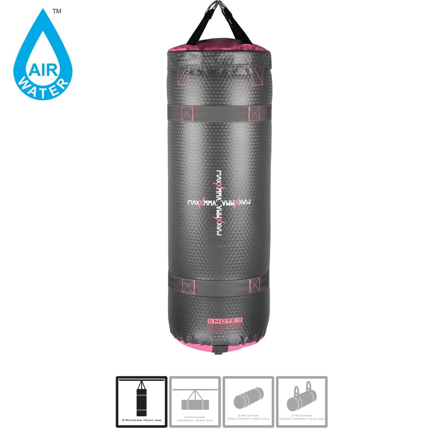 MaxxMMA 3 ft 4-in-1 Water/Air Heavy Bag | Training & Fitness, Uppercut Workout, MMA Grappling, Punching Bag (Grey/Pink)