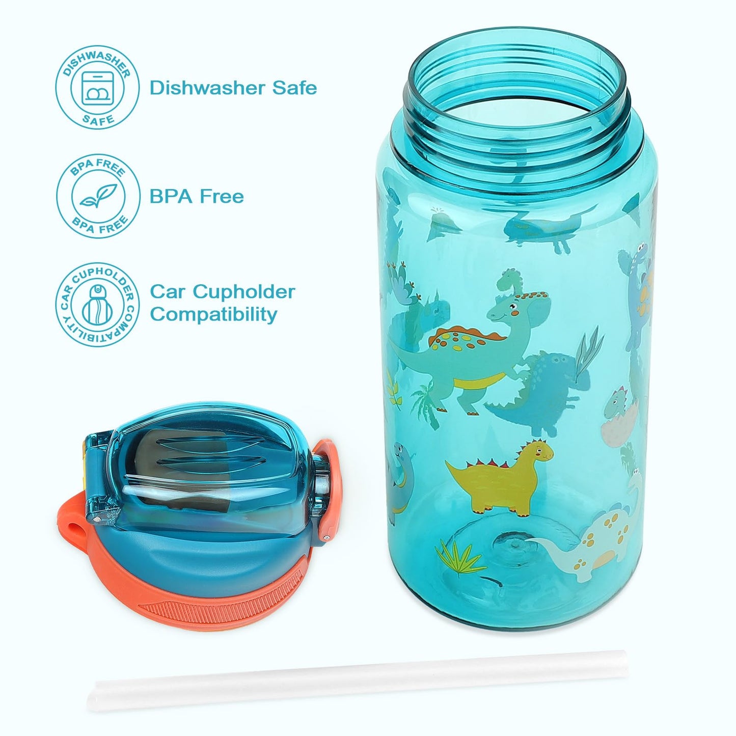 wooshwa Kids Water Bottle for School or Travel, 20 Oz 2 Pack Durable Plastic Water Bottle with Silicone Straw and Pop-Up Spout Cover, BPA Free & Dishwasher Safe(Excavator & Dinosaur)