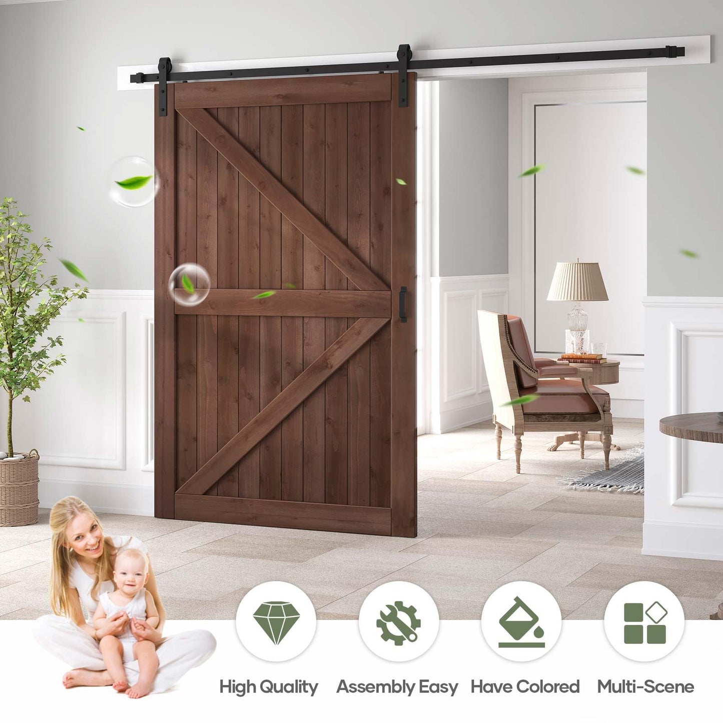 ROYMELO 54x84 inch Sliding Barn Wood Door Slab with 9ft Hardware Kit and Handle, Coffee, K Shape, Simple DIY Assembly