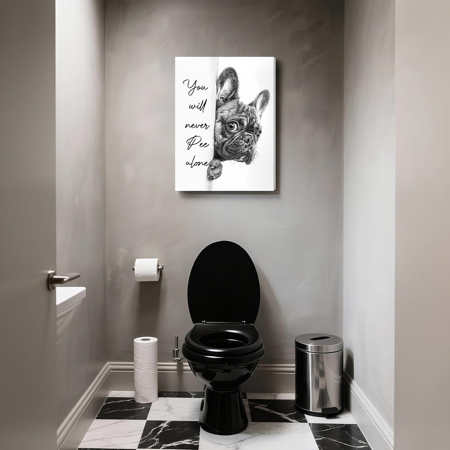 Ovczax Black And White Bathroom Canvas Wall Art - Funny French Bulldog Sign | 16" x 12" Home Decor