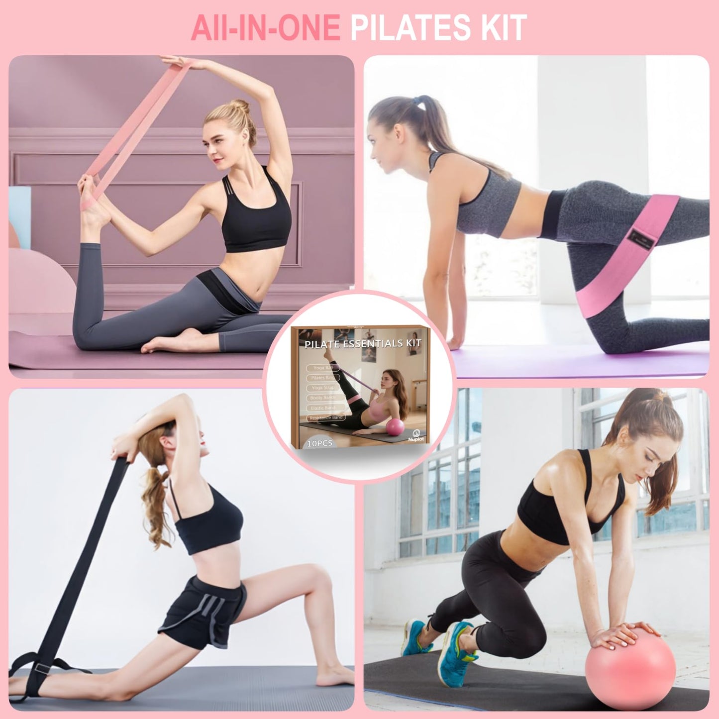 Pilates Equipment, Pilates Kit for Home Workouts, Pilates Essentials Kit for Women, Home Pilates Kit with Pilates Ring and Ball Set, Booty Bands, Figure 8 Resistance Band, Yoga Band (Pink for Mother)