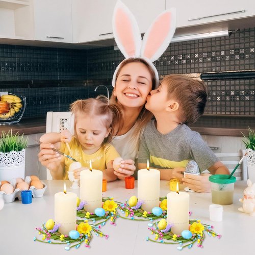 Jansun Easter Candle Rings - 4 Pcs Mini Wreaths with Pink & Blue Eggs for Table Decor | Festive Centerpieces
