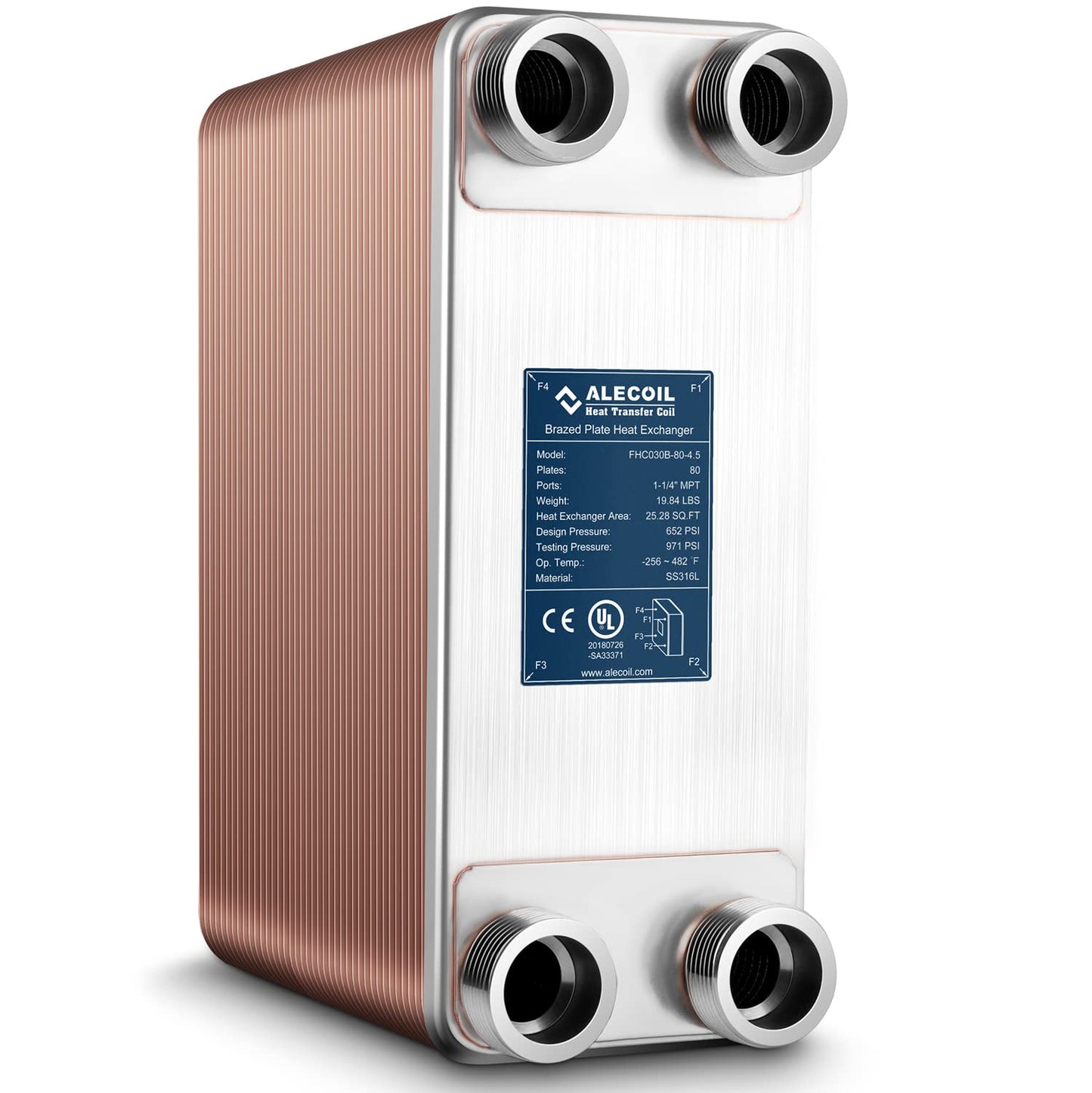 ALECOIL 5"x12" 80 Plates Heat Exchanger with 1-1/4" MPT Port Water to Water 316L Stainless Steel Brazed Plate Heat Exchanger for Water Heating, Floor Heating, Commercial and Industrial Refrigeration