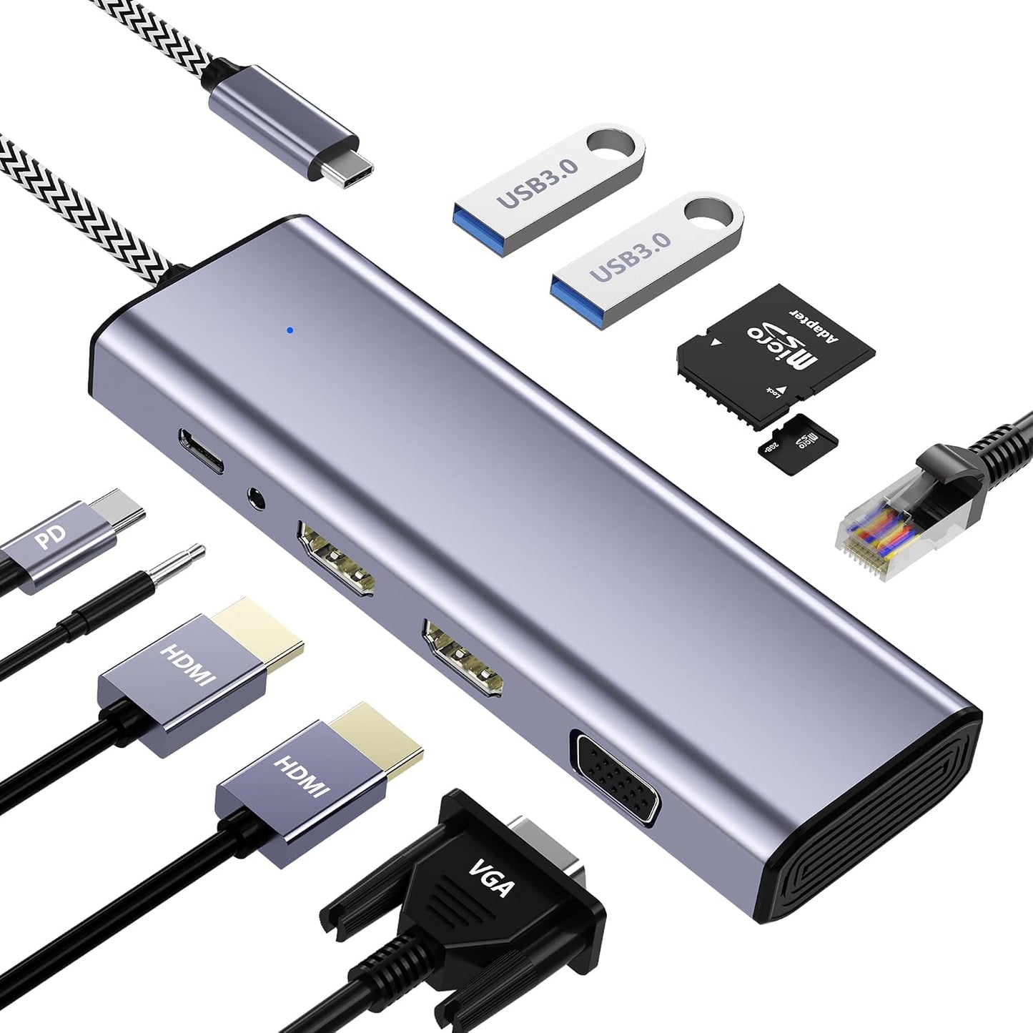 AUKOKIOULA 10 1 3 HDMI/VGA/PD/Ethernet/USB/SD/TF/3.5mm Docking Station Dual Monitor, USB C to Dual HDMI Adapter