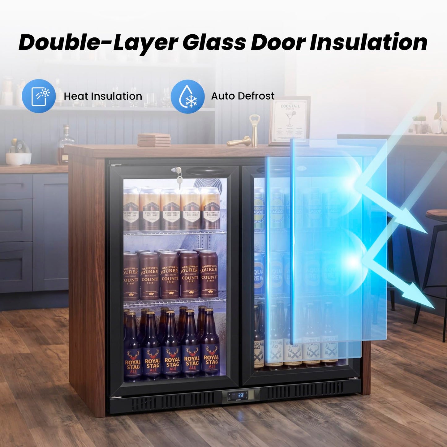 35.42" W Commercial Under Counter Beverage Refrigerator, 2 Glass Door Back Bar Cooler, Built-in/Freestanding 7.4Cuft Drink Fridge with LED Light, Auto Defrost, Low-E Glass & Safety Lock, Rebound door