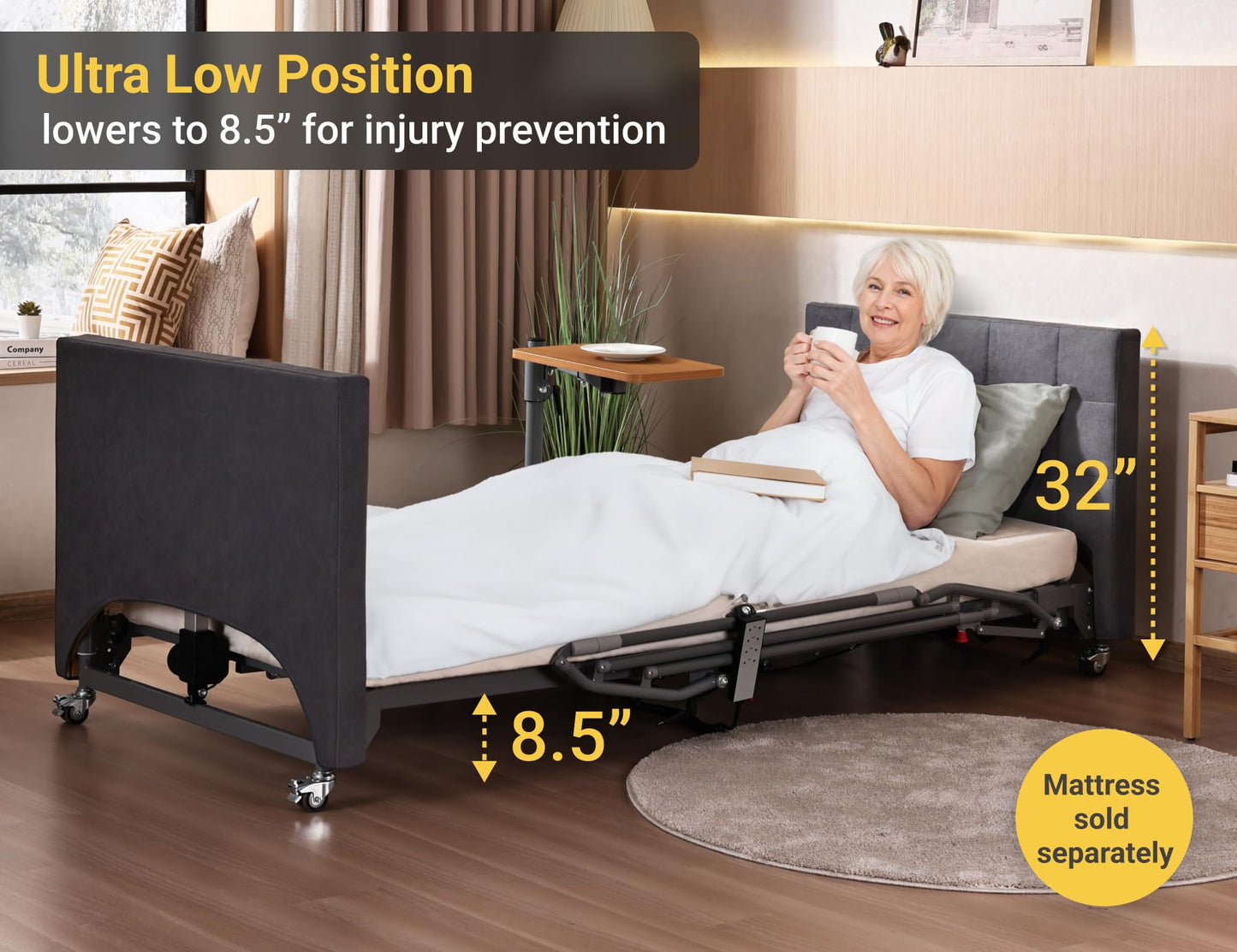 ARMONYO Electric Hospital Bed for Home Use – 5 Functions, Advanced German LIMOSS Motor, Ultra-Low 8.5"–25" Adjustable Height, Double Solid Wood Panels with Medical Overbed Table & Foldable Rails