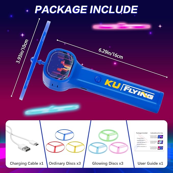 Rechargeable Disc Launcher with 6 Flying Spinners for Outdoor Activities Game White Elephant Gift Fidget Toys (Blue)