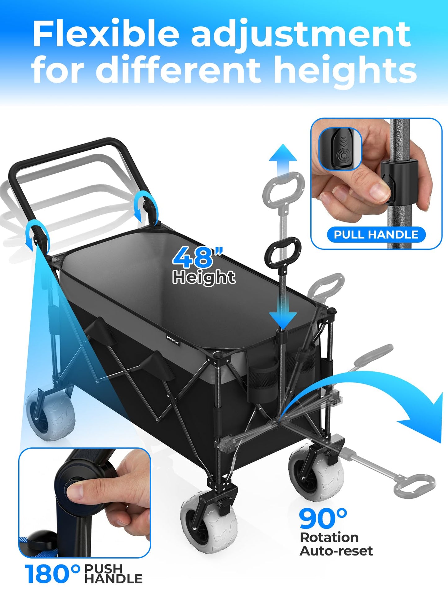 Aimnny 400L Push Pull Beach Wagon, Heavy-Duty Dual-Mode Cart with 9"x4" All-Terrain Wheels & Brakes, Adjustable Handles Collapsible Wagon for Beach,Camping,Grocery & Garden (Black)