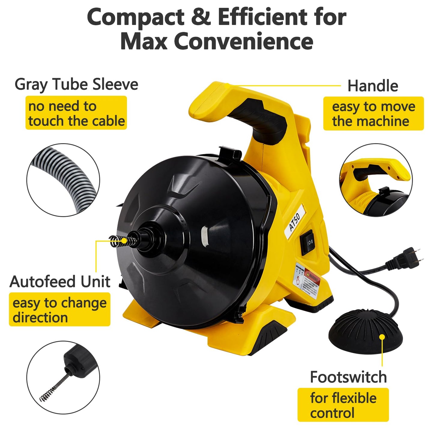 TROPOW Drain Cleaner Machine 30Ft, Auto-feed Electric Drain Auger for 3/4In - 2In Pipes, Cable in Piano Wire with Foot Switch, Sewer Snake for Sinks, Toilets, and Floor Drains