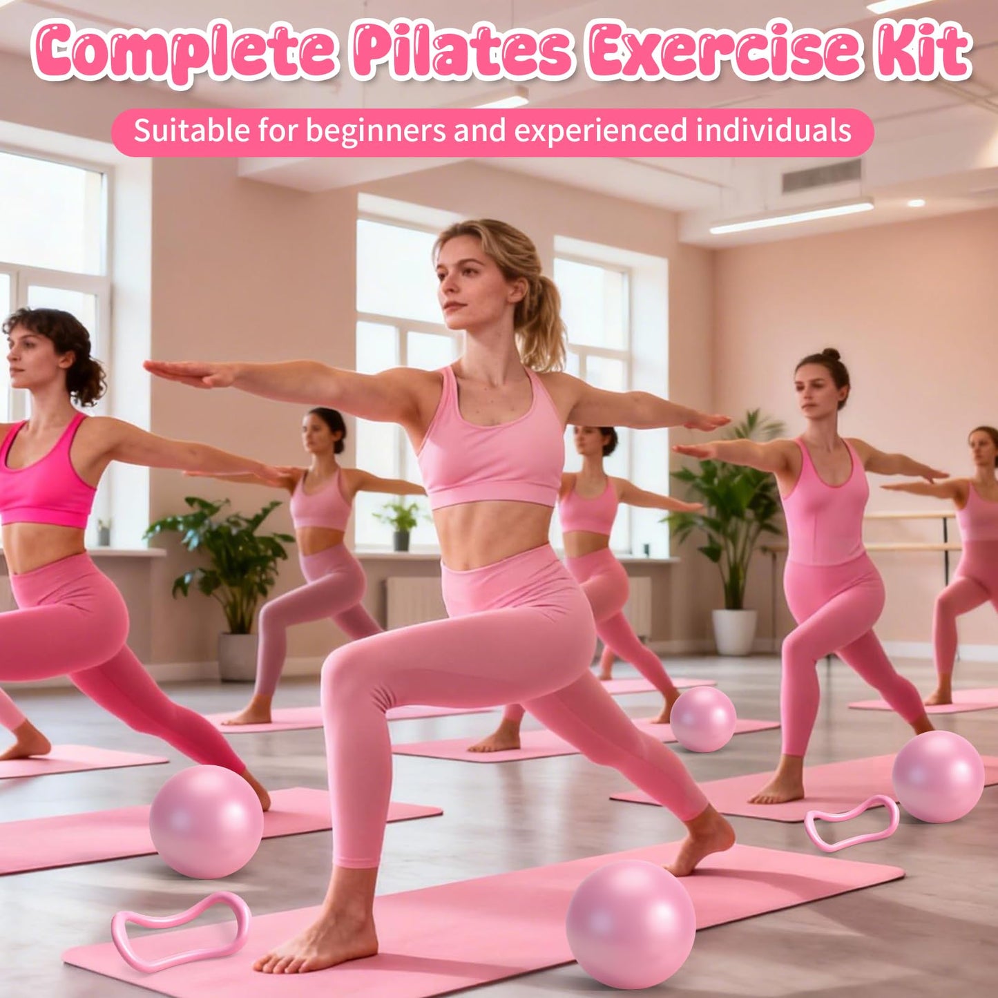 Pilates Equipment Kit for Home Workouts - 18pcs Set- 14'' Pilates Ring and Ball Set for Women, Pilates/Yoga Accessories Kit with Wrist Weights, Resistance Bands, Core Sliders, Yoga Strap (pink)