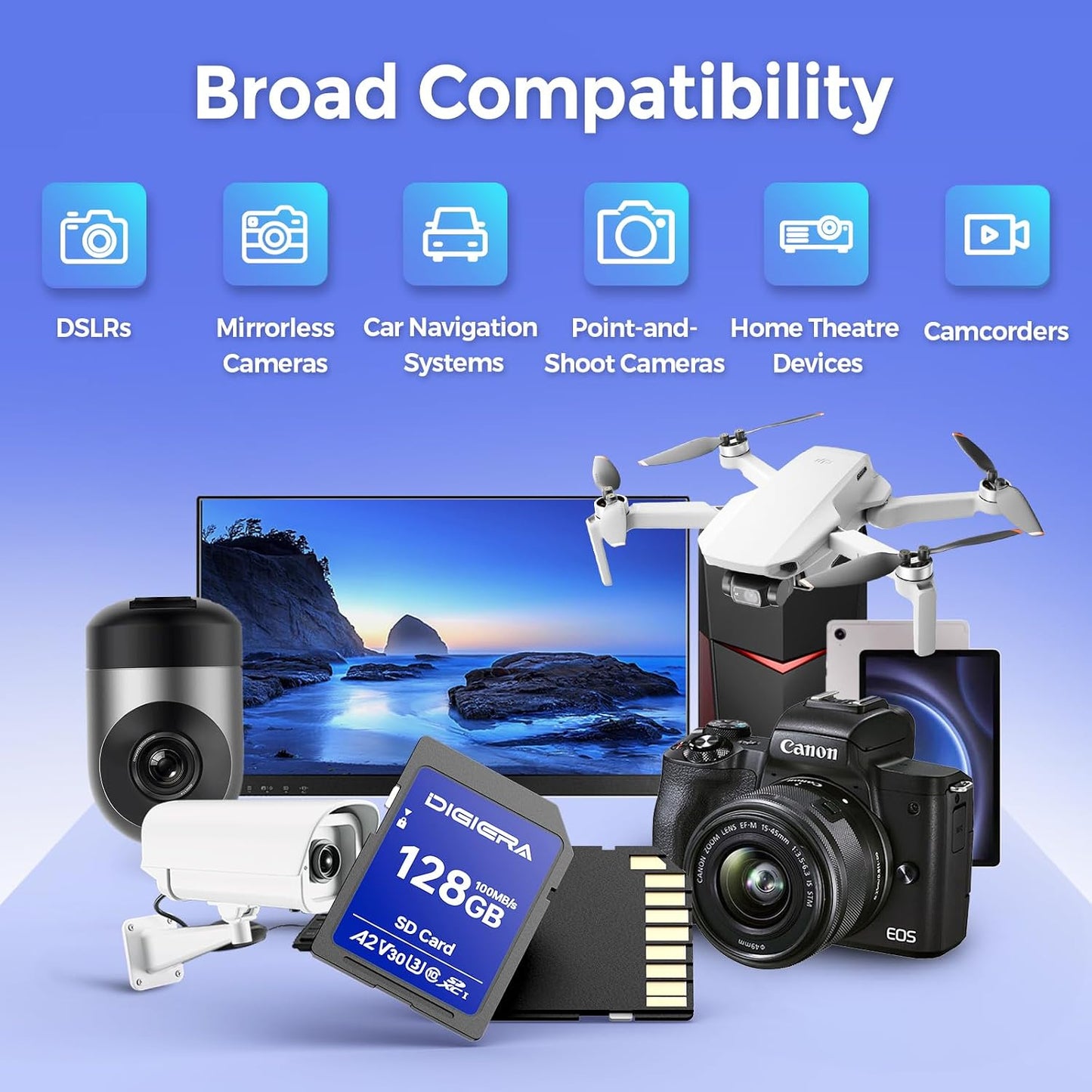 128GB CS100 100MB/s, C10, U3, V30, 4K (1 Pack) DIGIERA SDXC UHS-I Memory Card - up to UHD, SD Card for Computers