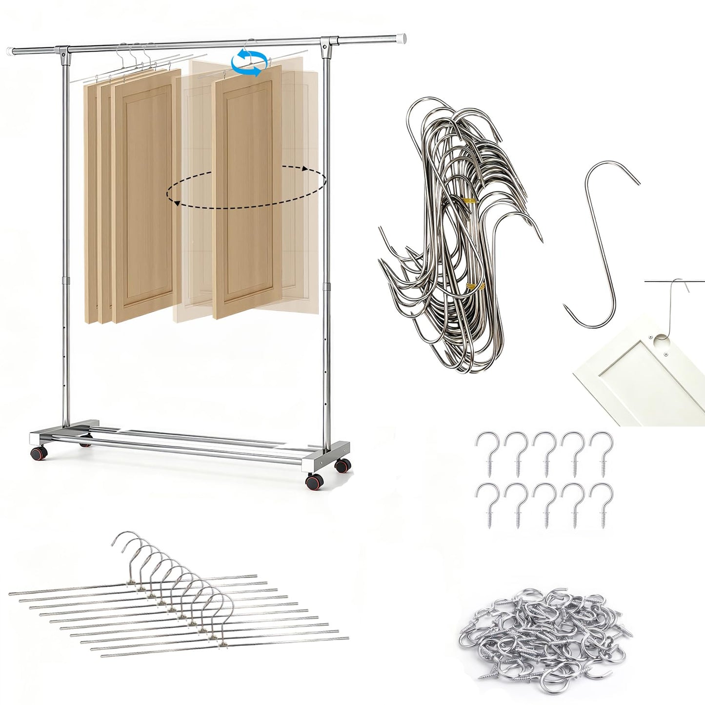 Mitoltpoci 40 Pack S Hooks Sharp Tip Lock Hooks for Powder Coating Bundle with Cabinet Door Painting Hanger System with Drying Rack – Includes 10Pack Metal Hangers with 50 Zinc Screws
