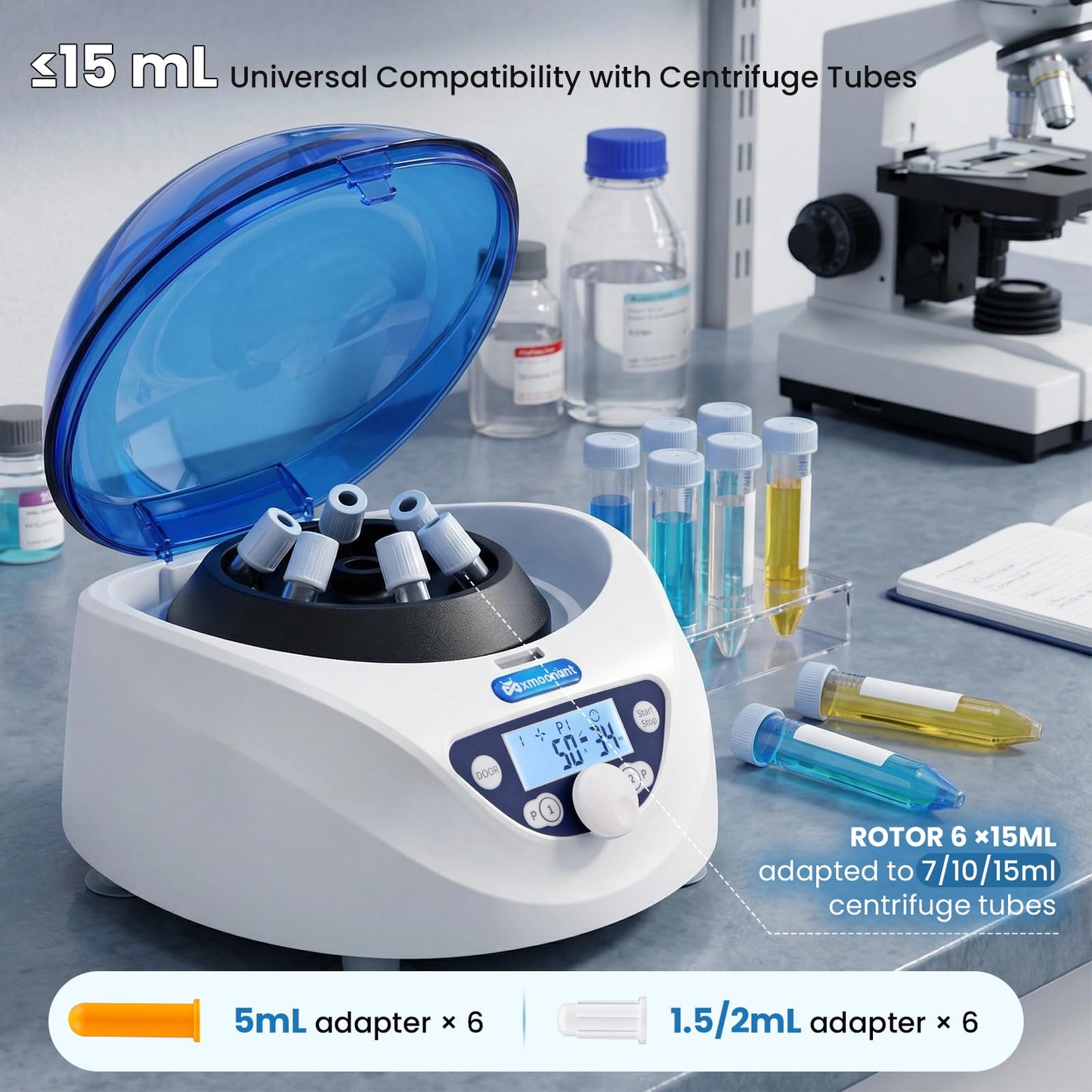 Mxmoonant Centrifuge Machine, Lab PRP Benchtop Centrifuges 300-5000RPM Electric Centrifuga with LCD Display, 6x15mL Rotor for 15/10/7/5/2/1.5mL Tubes