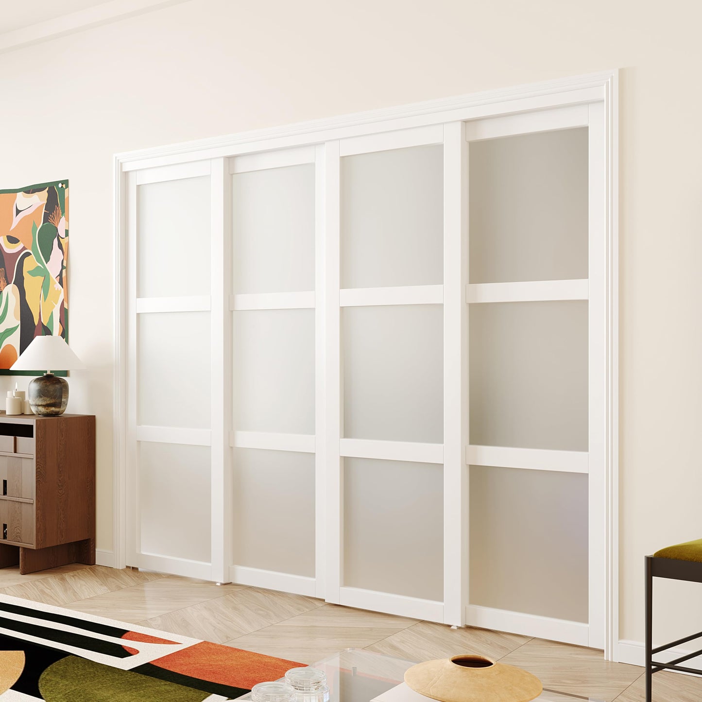ARKHJEM Double Sliding Closet Door, 96" × 80"(Double 48" × 80"), Double Frosted 3 Panel Glass Sliding Door, Hardware Include, Pre-Drilled Panel Need to Assemble, MDF, White