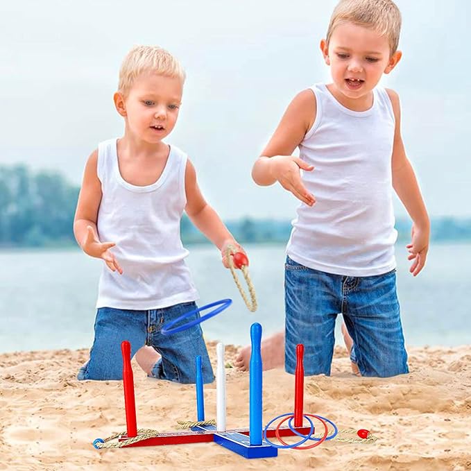 Wooden Ring Toss Game Set Includes Wood Base for Kids, Indoor & Outdoor Game for Family and Adults