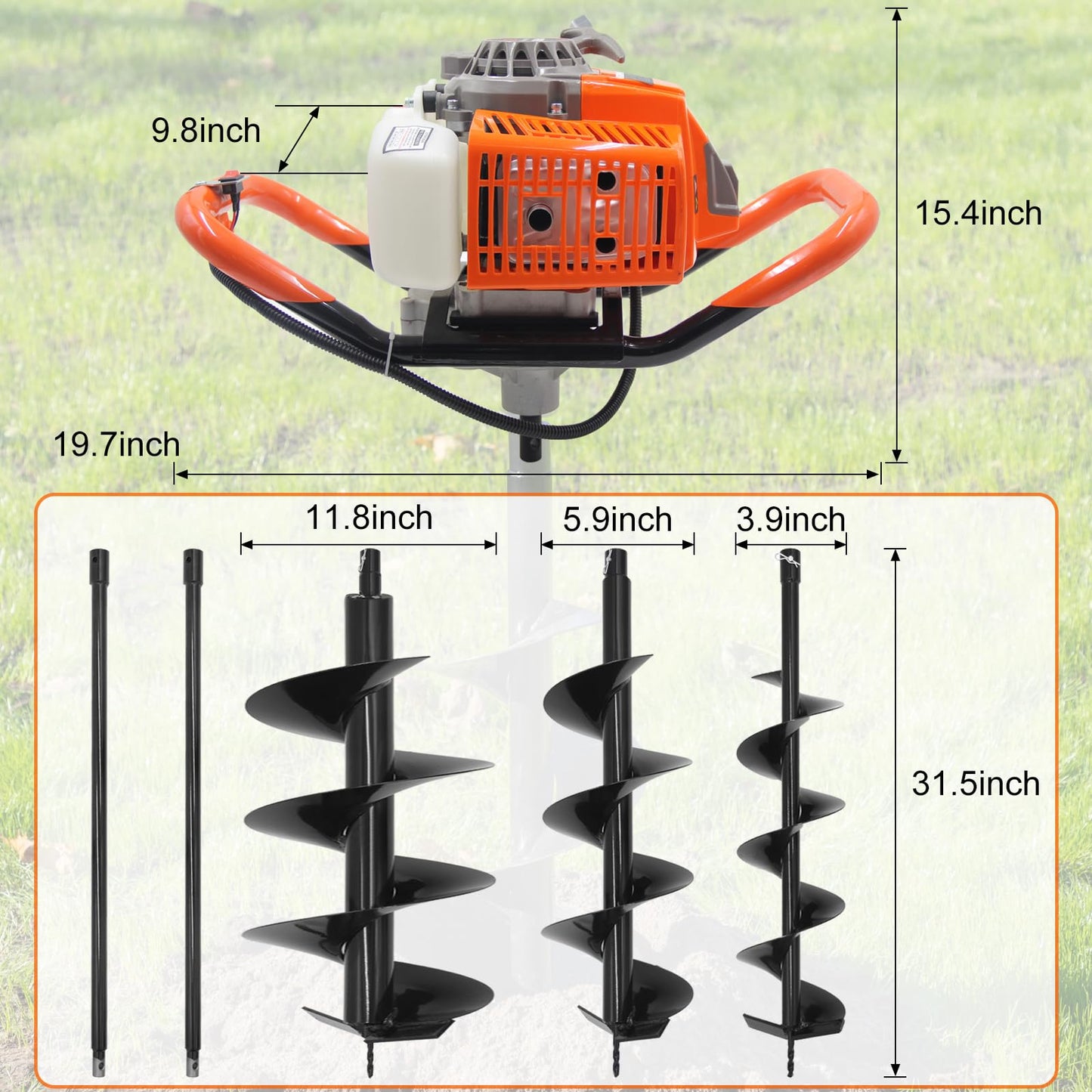 72CC Newly Upgraded Post Hole Digger Gas Powered, 2 Stroke Auger Post Hole Digger with 3 Drill Bits (4" &6" & 12") + 2 Extension Rod for Planting - Ideal for Farm & Garden