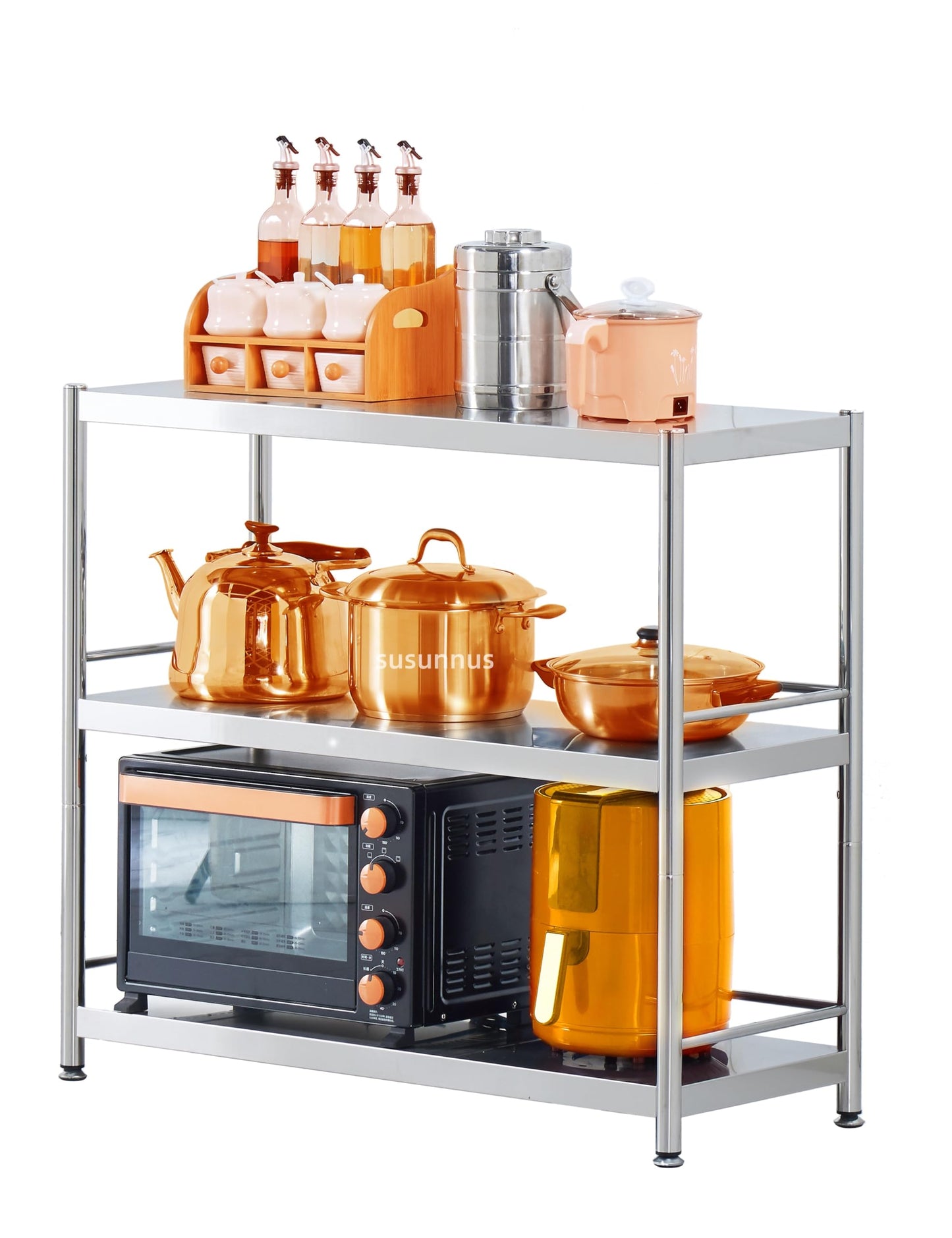 susunnus Stainless Steel Shelves 3 Tier Storage Shelves for Kitchen Garage Shelves Heavy Duty Shelving Metal Shelving Units and Storage Kitchen Industrial Storage Rack(with Guardrails)