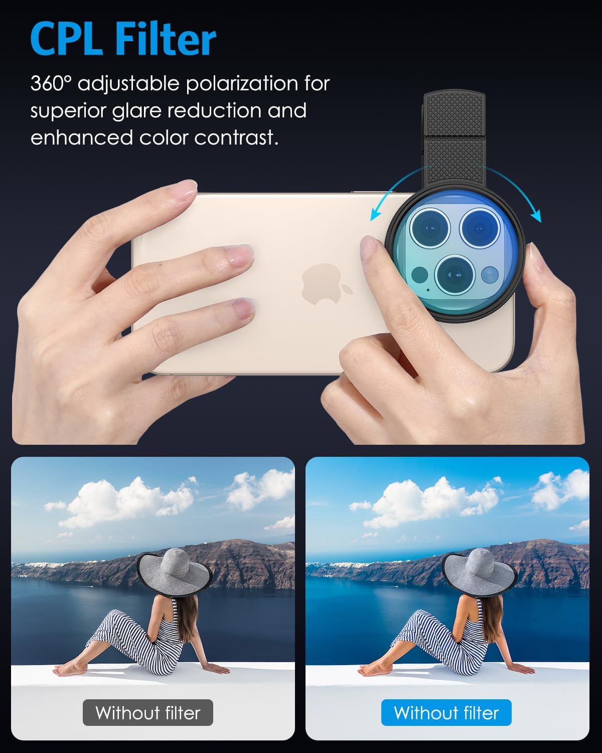 AMIR 52MM 17 16 15 14 13 12, Clip-on CPL Phone Camera Lens Filter, Circular Polarizer Filter, Phone Lens Filter Kit