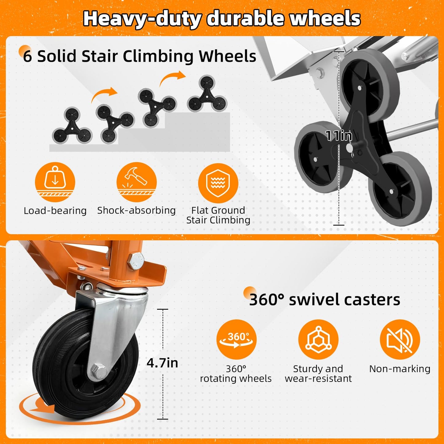 Aluminum 4 in 1 Convertible Hand Truck Dolly Cart with Wheels, 1000Lbs Capacity, Heavy Duty Stair Climbing Hand Trucks with Bungee Cord&Strap for Flat Ground & Stairs, Logistics, Home, Office, Orange