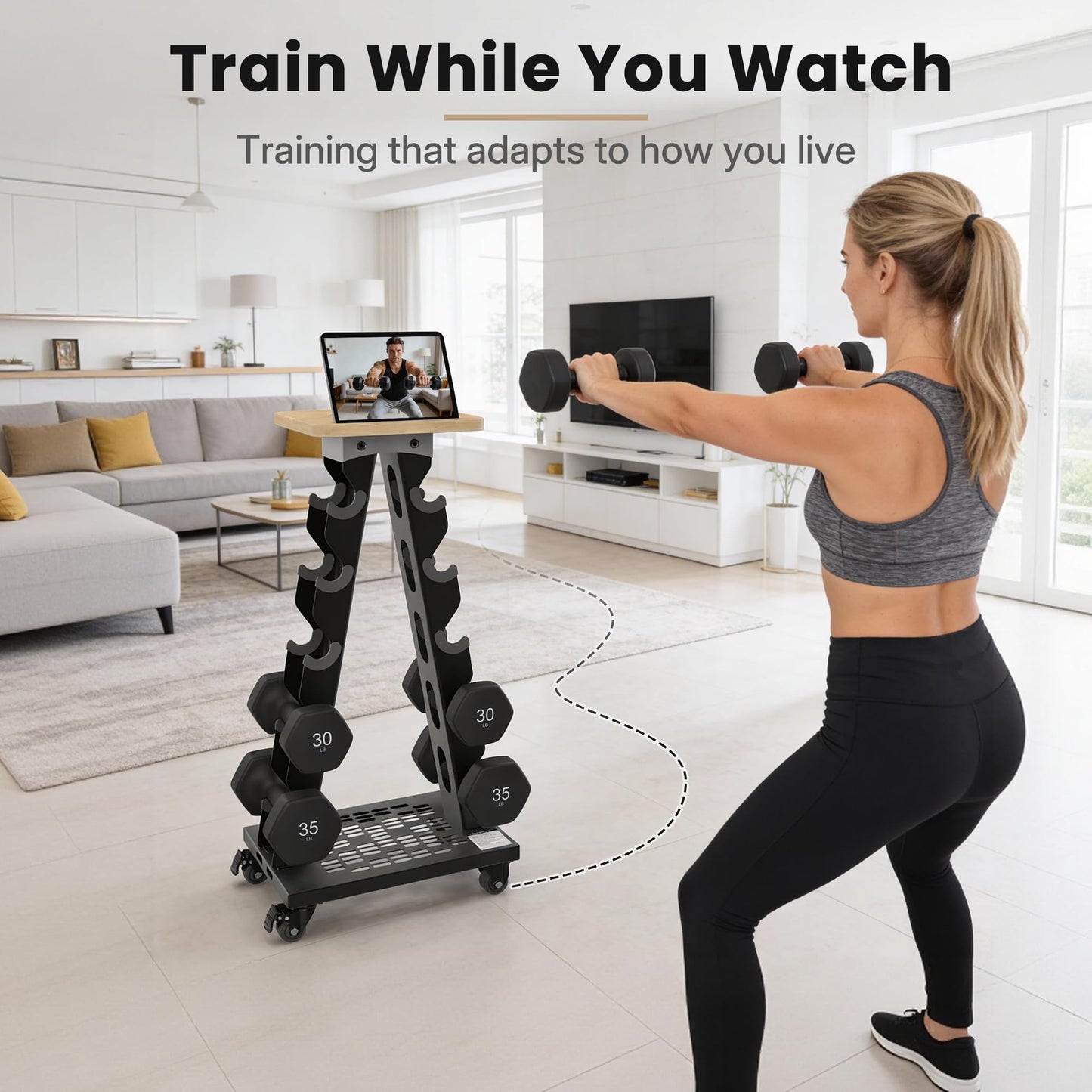 Vertical Dumbbell Rack Stand with Wheels, 5-Tier A-Frame Mobile Weight Storage for Dumbbells, 300LBS Capacity Professional Solid Steel with Training Assist Platform & Bottom Tray, Perfect for Home Gym Fitness Organization (Rack Only)