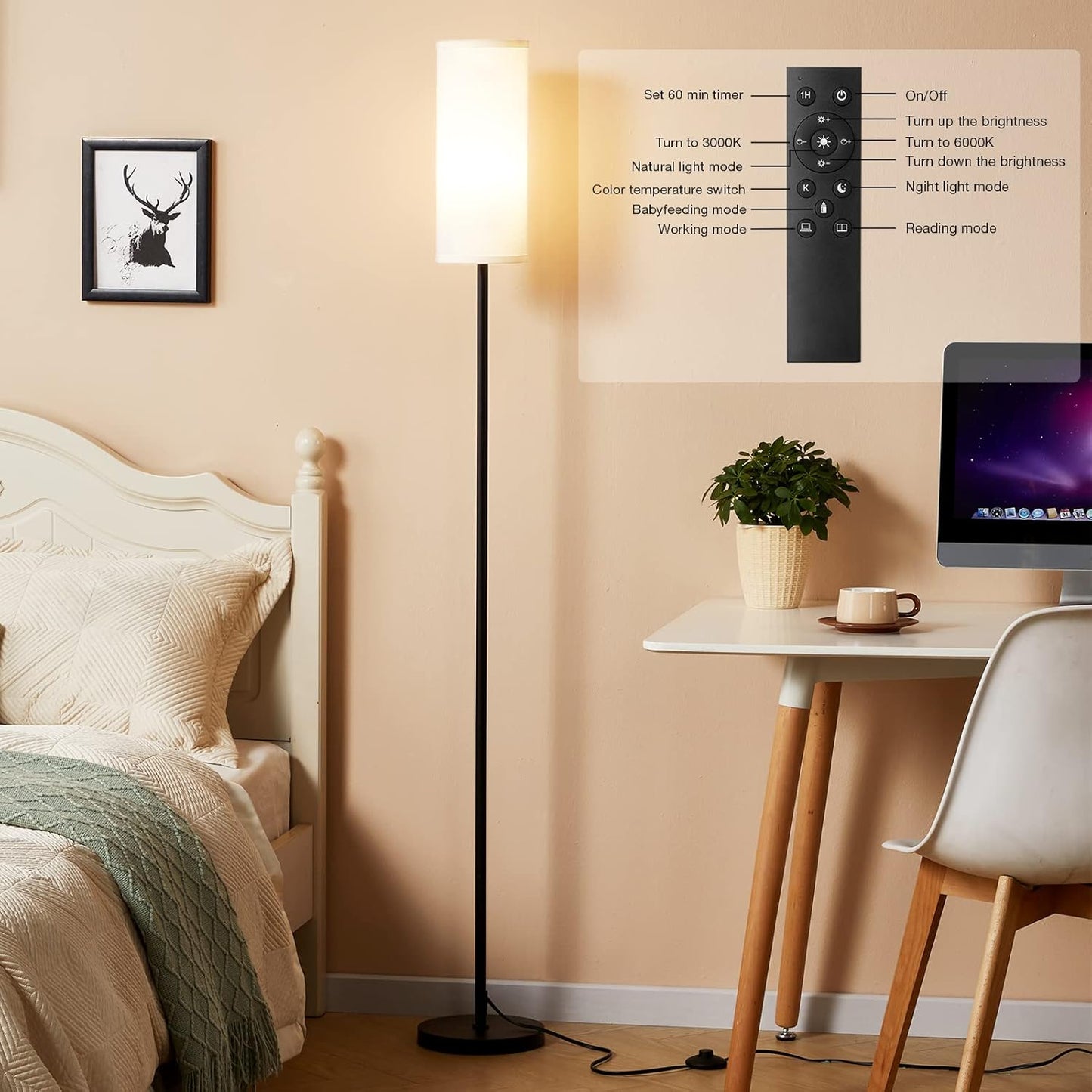 Ambimall Modern Floor Lamp - 64" Adjustable Brightness & Color Temperature with Remote Control | Ideal for Living Room, Bedroom, Office
