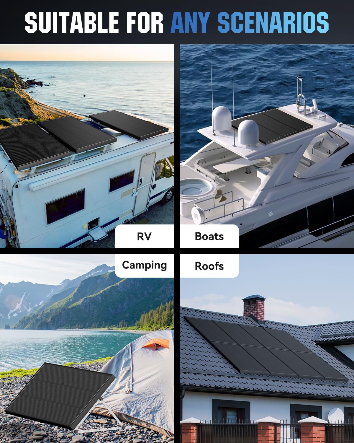 600 Watt Solar Panel 18BB N-Type, 25% Efficiency Monocrystalline Grade A+ Cells, 12V 200W Solar Panel 3 Pack IP68 for RV, Van, Trailer, Marine, Rooftop, Farm, Off Grid