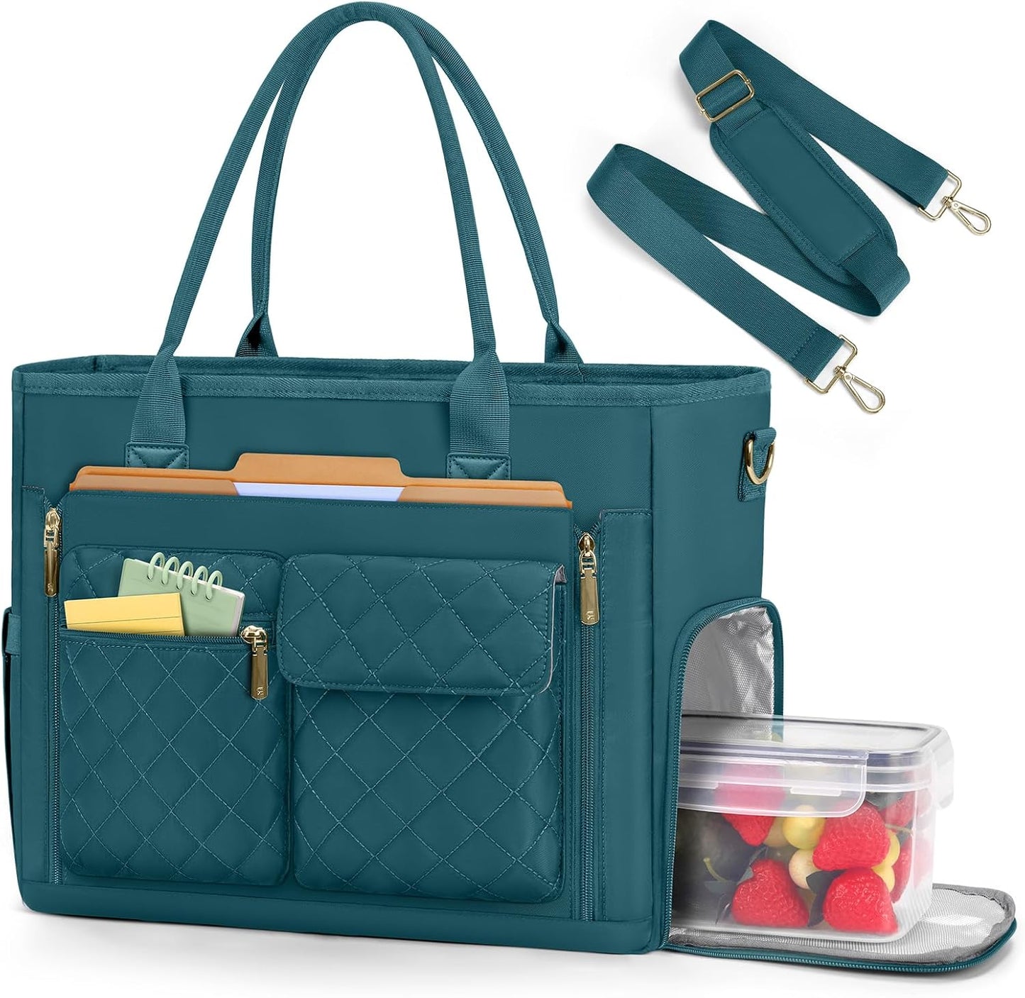 15.6 inch RAINSMORE Teacher Tote Bag with Insulated Lunch Compartment Laptop Bag for Women Lightweight Work Bags Nurse