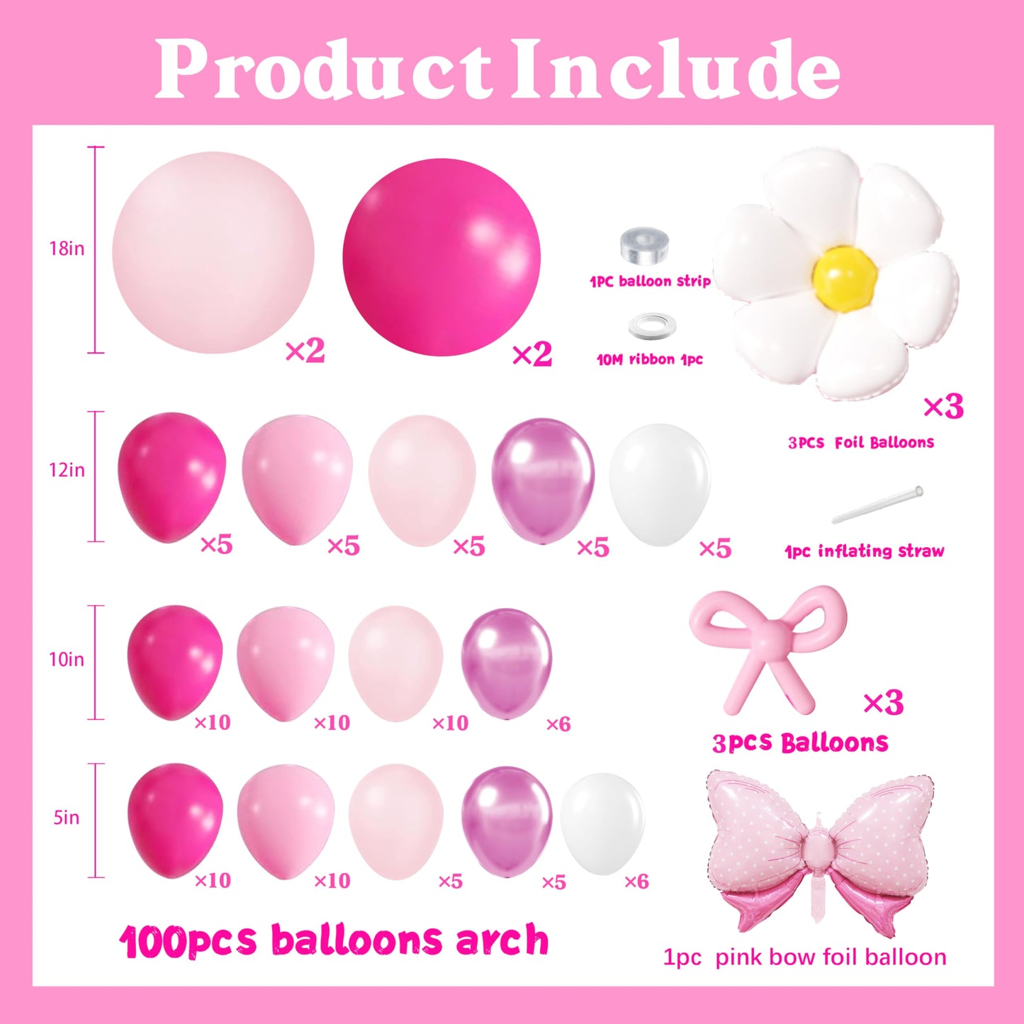 Pink Balloon Arch Kit For girls,Hot Pink Balloons Garland Kit,Bow Foil Balloons for Birthday Decorations,Party Supplies for Girl