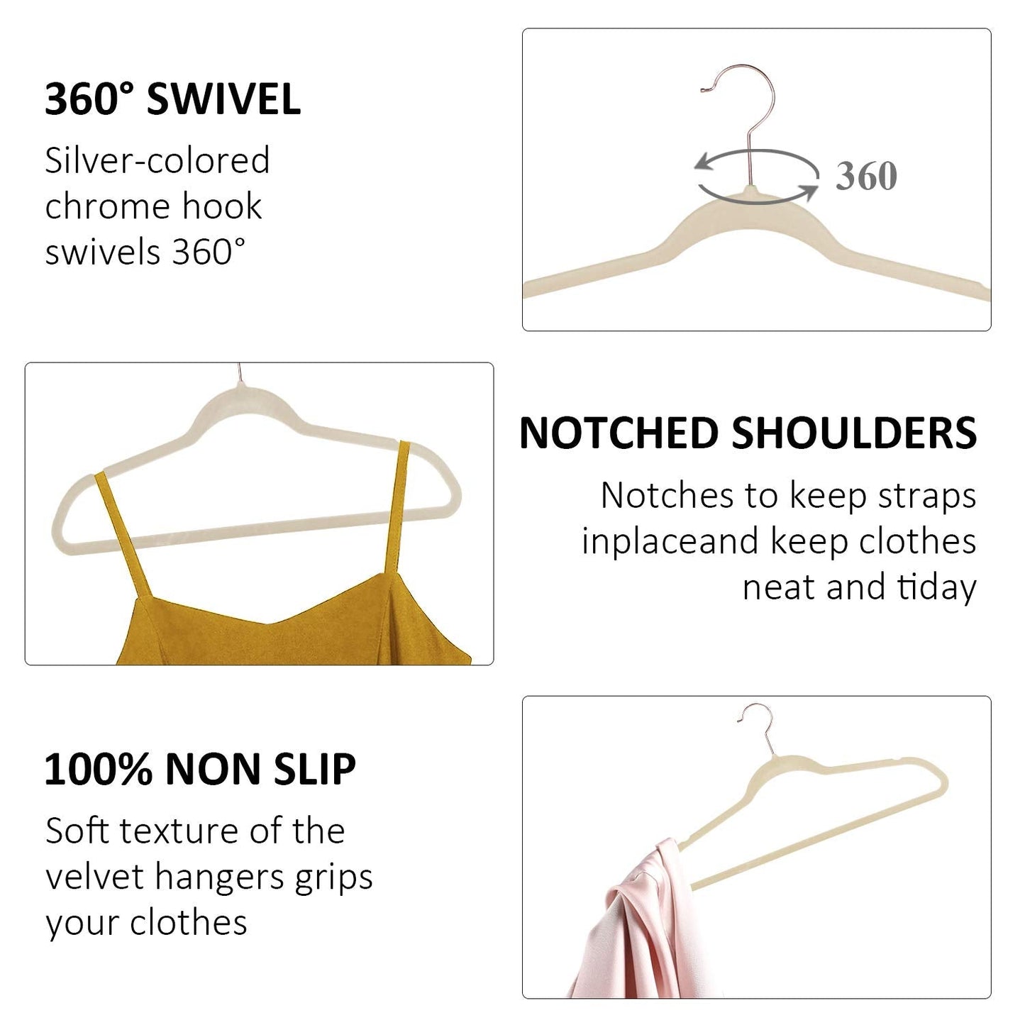 VECELO Premium Velvet Clothes Hangers Suit Heavy Duty (100 Pack)-Non Slip & Space-Saving with 12 Finger Clips & 2Tie Rack Excellent for Men and Women,Light Beige