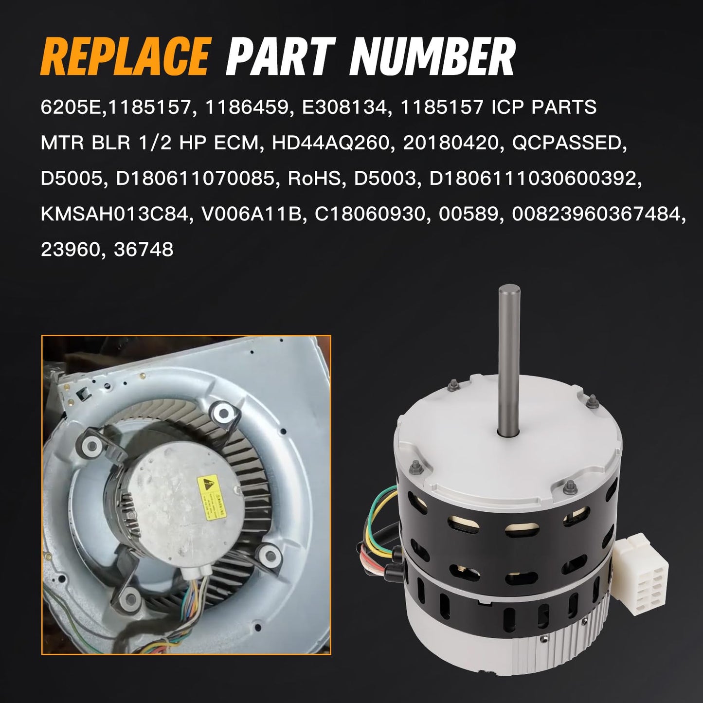 Kozlira 1/2 HP ECM X-13 Furnace Blower Motor 6205E, 208/230V 3.8A, 1050RPM, Fit for American Standard & Trane, Carrier/ICP, etc. 1/2 HP X13 Constant Torque Motor with One Year Quality Assurance