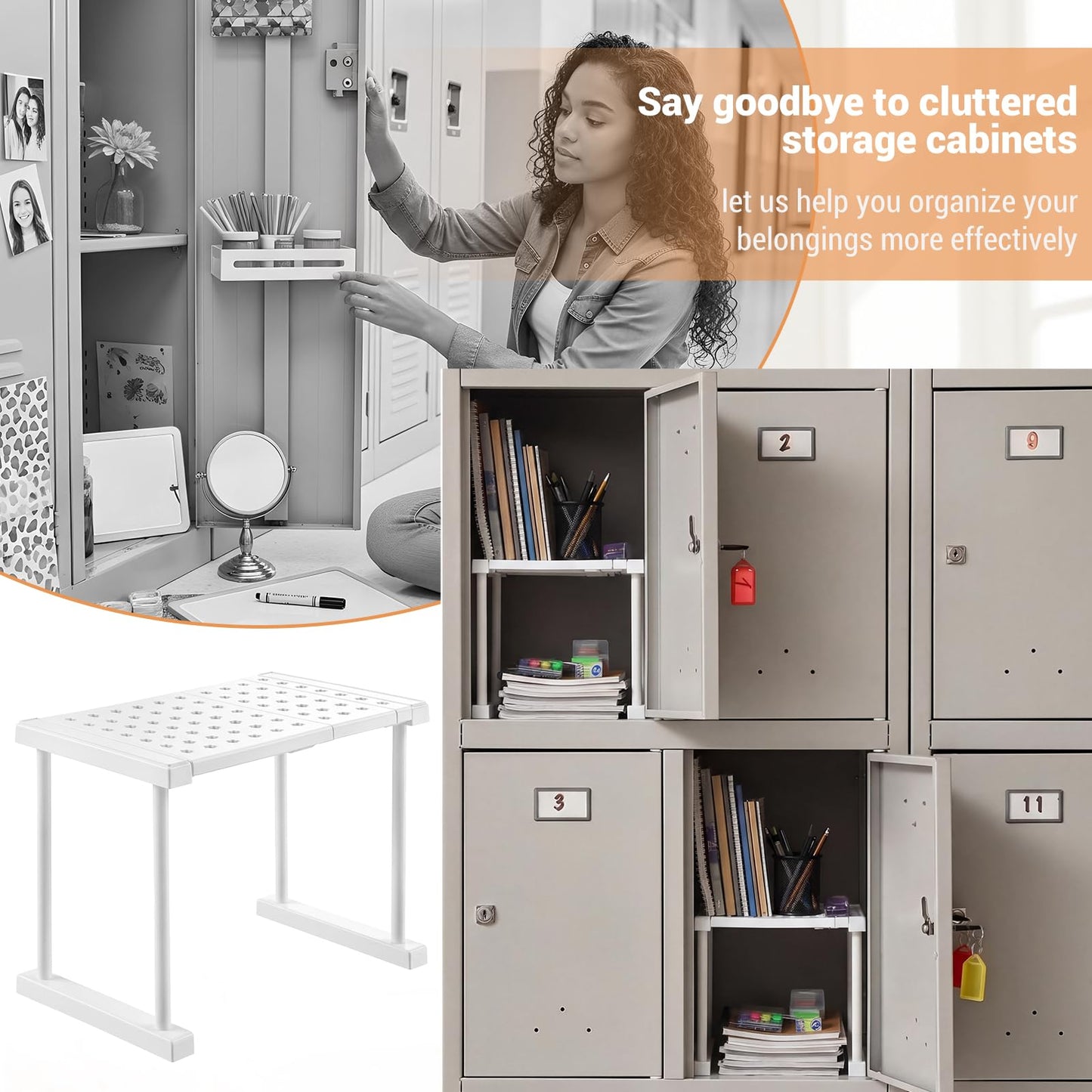 Colarr White Plastic Locker Organizer Shelf Adjustable to 11.4-15.4 Inches in Length for School Classroom Office Gym Lockers Home Storage