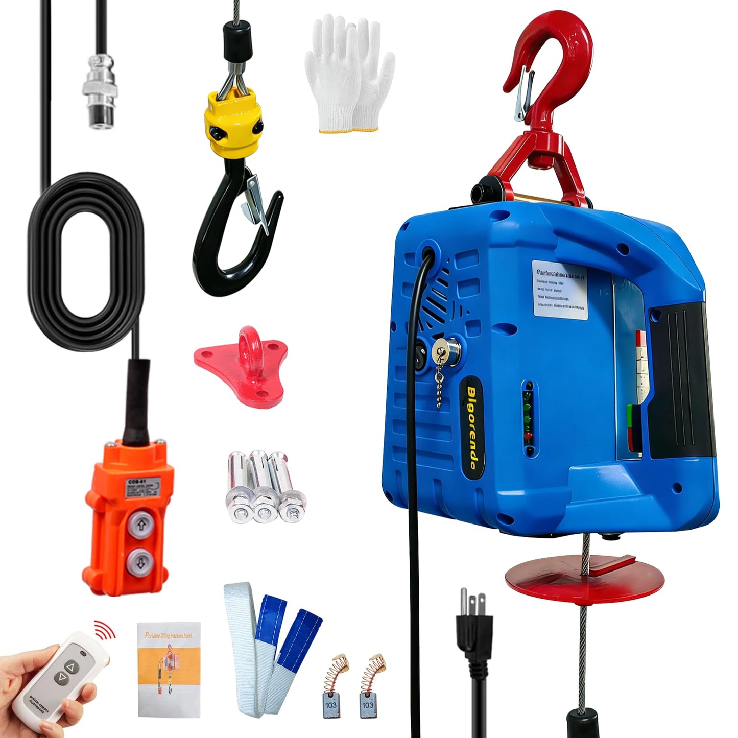 Bigorenda 3-in-1 Electric Hoist Winch,1100lb Capacity, Portable Electric Power Winch with Wire Wireless Remote Control,110V Electric Hoist Crane,26FT Lifting Height,for Warehouse,Garage,Lifting Towing