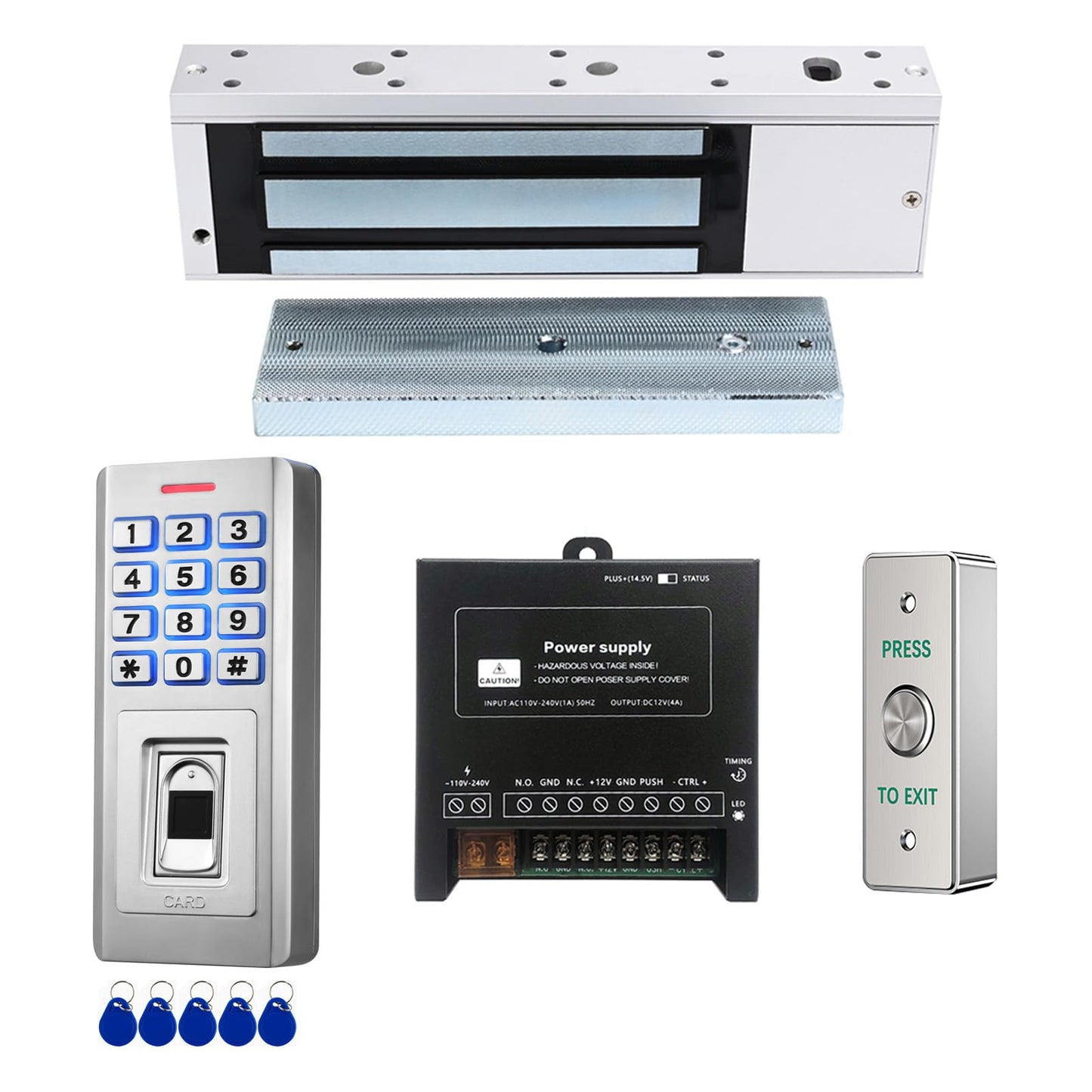 Door Access Control System Kit, IP68 Waterproof Keypad Door Access Device with 500KG/1200lbs Magnetic Lock, Fingerprint + Password + RFID 125KHz ID Card Reader, Metal Exit Button