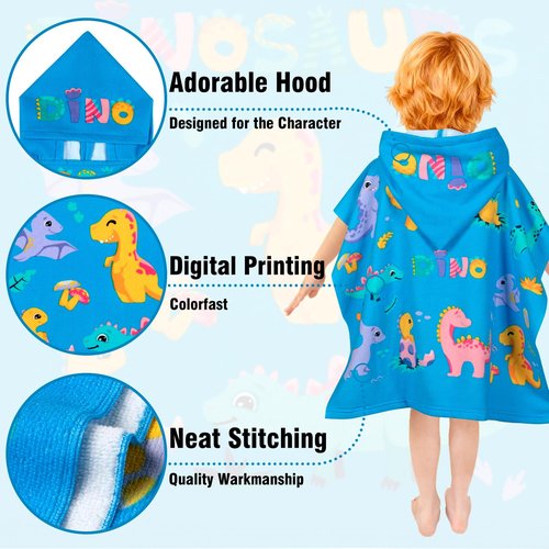 growell Hooded Kids Beach Towels - Toddler Bath Towel Girls Boys Swim Cover-ups for Ages 1 to 6 Kids Pool Towels Quick Dry Lightweight Soft Microfiber Poncho Towel 24x23 (Dinosaur Sky Blue)