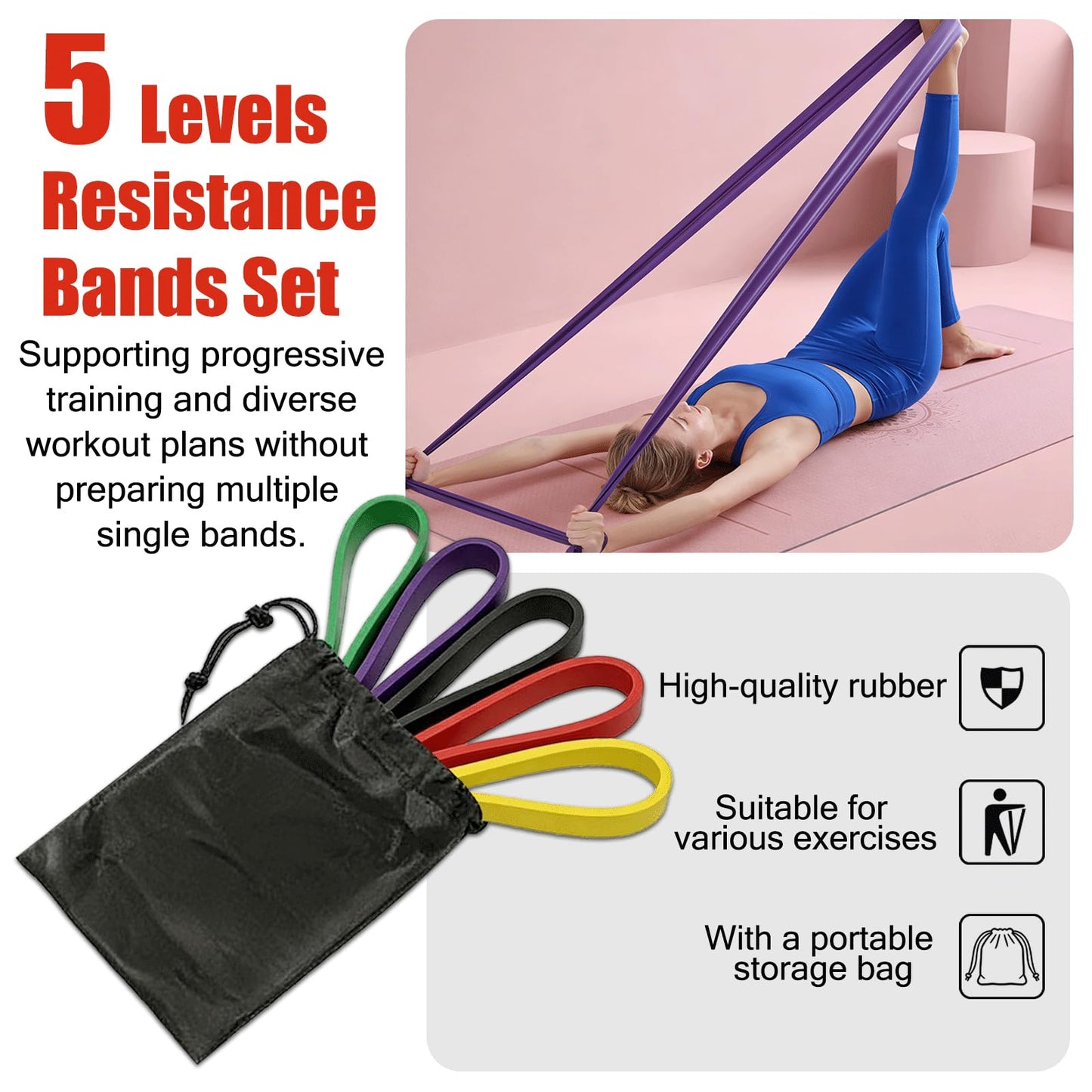 5 Levels Resistance Bands Set, Elastic Silicone Exercise Bands for Pull Up Assistance, Physical Therapy Stretching Training, Home Gym for Women Men