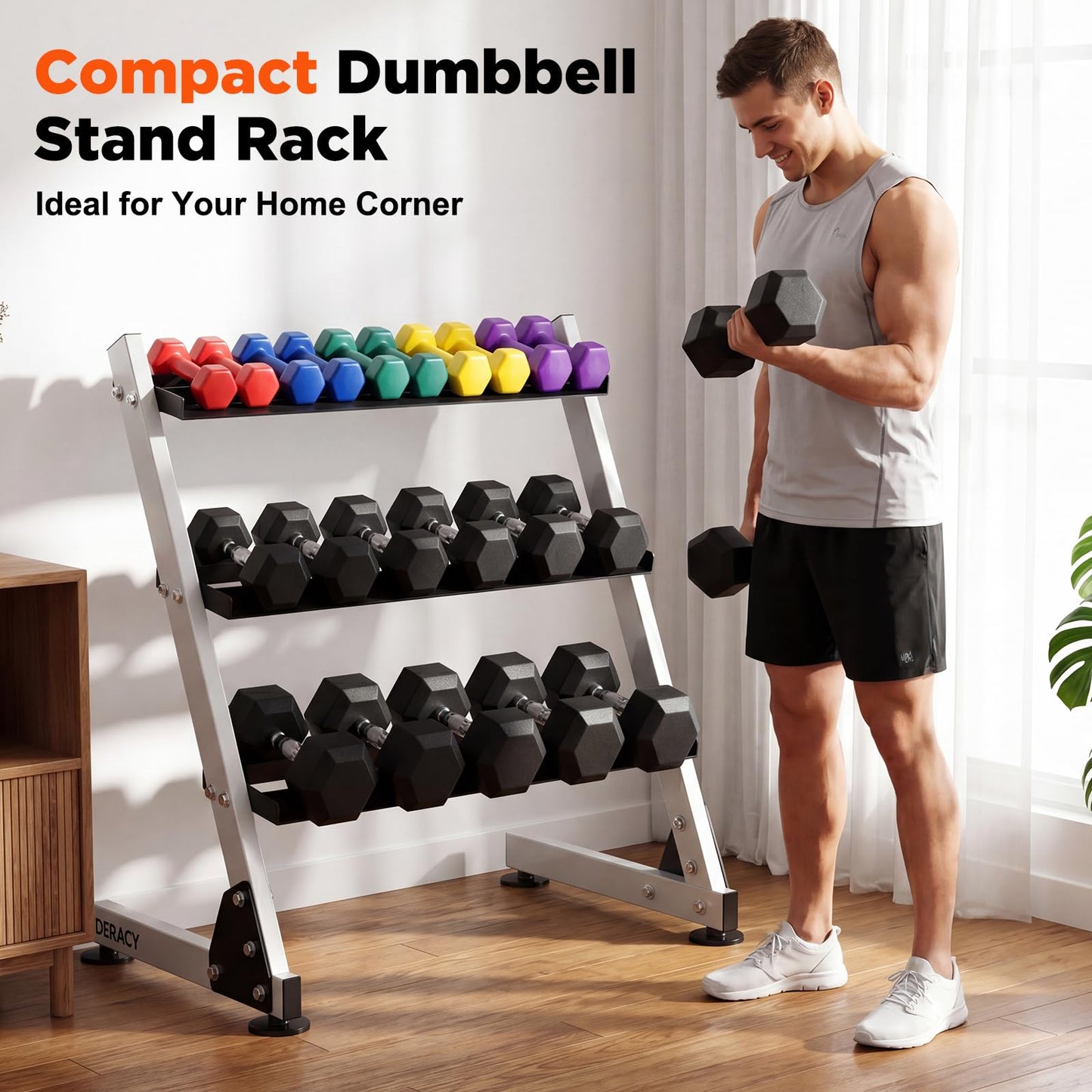DERACY Dumbbell Rack, 3-Tier Dumbbell Weight Rack for Home Gym, Dumbbell Set Organizer for Dumbbell Kettlebell Barbell, Heavy Duty Weight Storage Rack, Dumbbell Stand Only