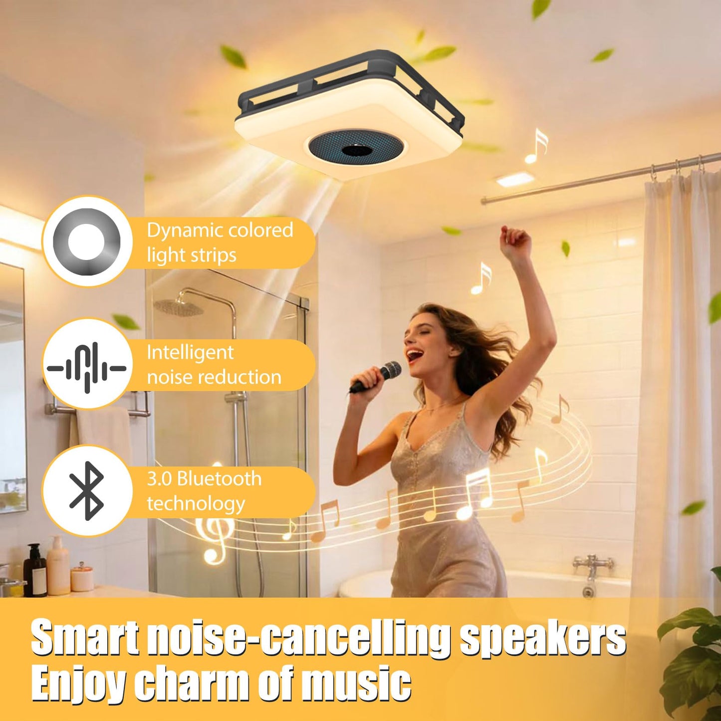 Bathroom Exhaust Fan with Bluetooth Speaker,Bathroom Fan Light,Plug&Play,230 CFM 1.0 Sone,Strong Wind Force&Quiet,Noise-cancelling Bluetooth dual speakers,7color dynamic&3color lighting,3year warranty
