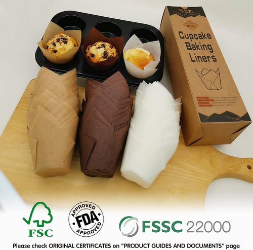 Bake Choice Tulip Cupcake Liners - 200 Pcs Natural Unbleached Baking Cups | Brown & White Standard Size