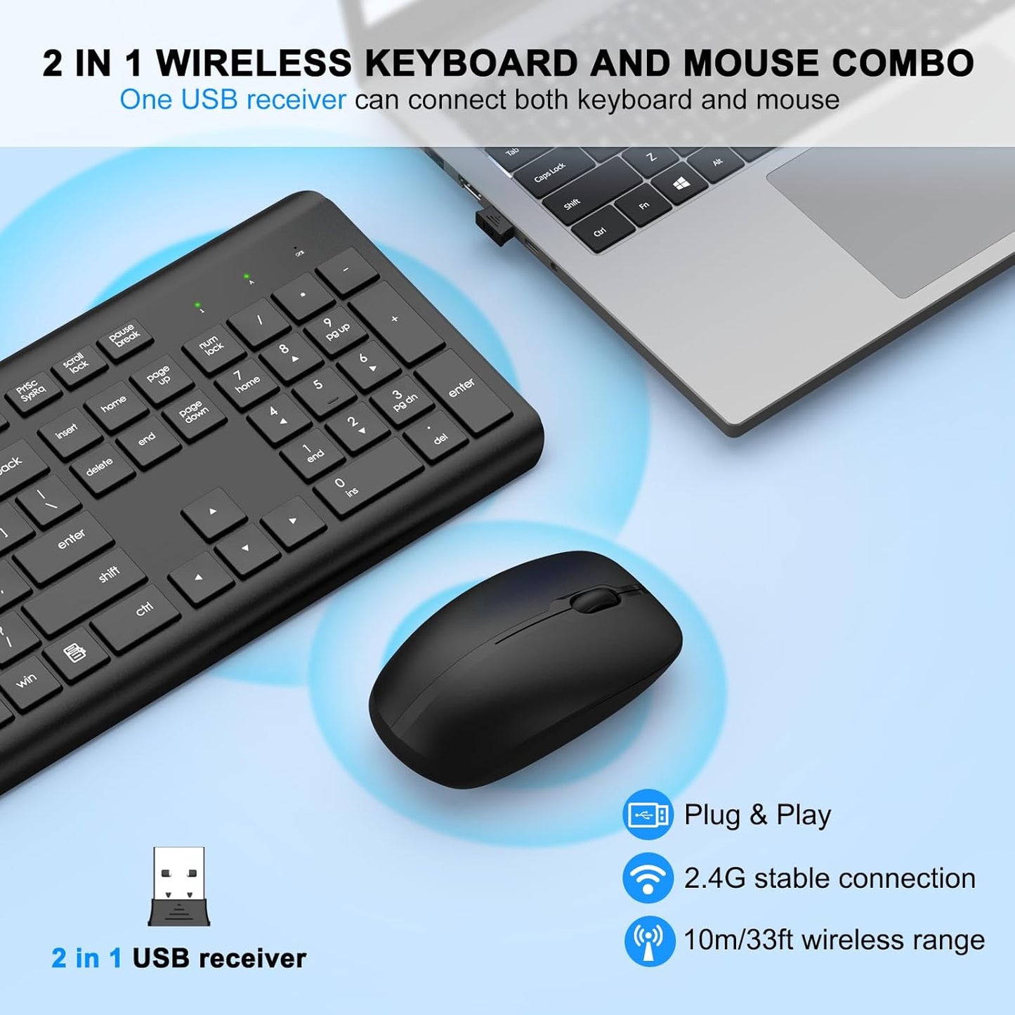 EDJO 2.4G Wireless Keyboard and Mouse Combo, Full Size Silent Ergonomic Keyboard and Mouse, Long Battery Life, Optical