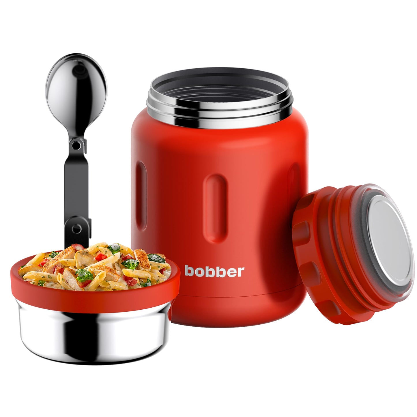 BOBBER 24 oz Insulated Stainless Steel Food Thermo Jar for Hot Food, Extra-Wide Mouth Lunch Container for Adults with Spoon and Bowl, Dishwasher Safe - Keeps Meals Hot for 14 Hours (Red)